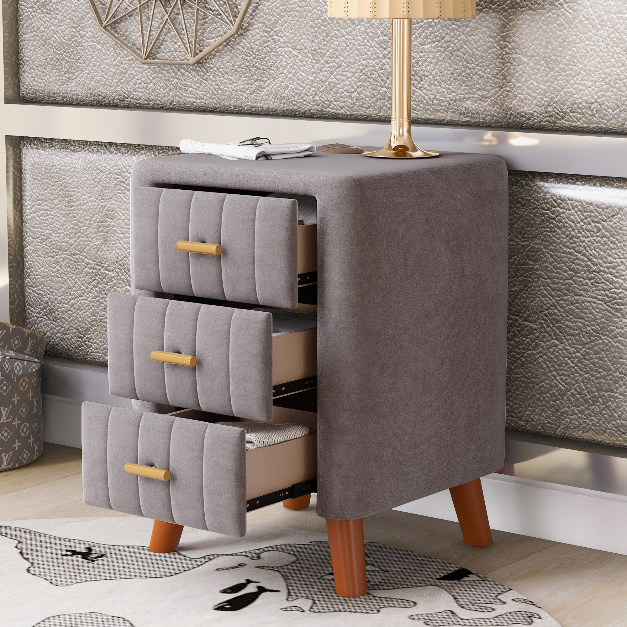 Bedroom Upholstery Nightstand with Three Drawers, Grey-Boyel Living