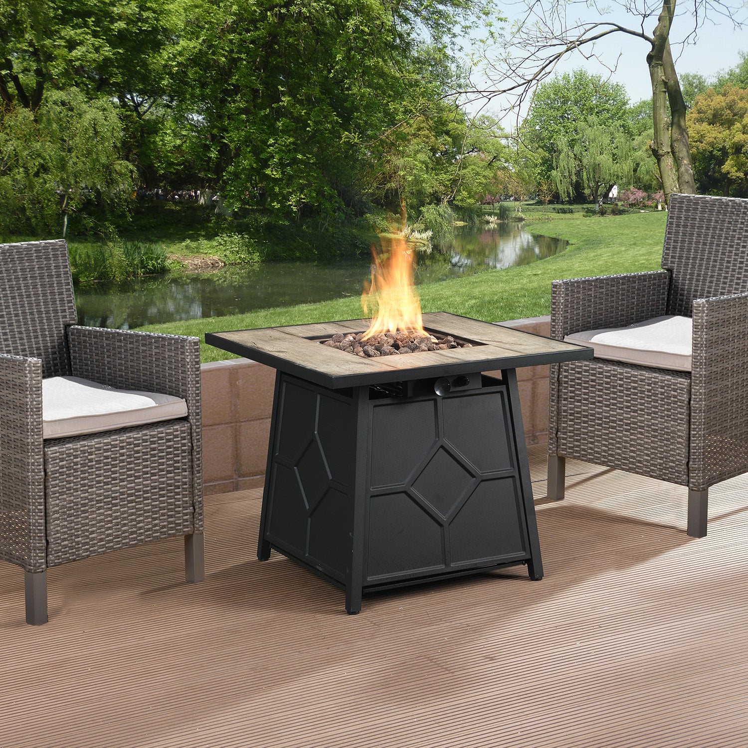 Gray Fire Pit Table, 30-inch Square 40,000 BTU Auto-Ignition Propane Gas Firepit with Waterproof Cover-Boyel Living