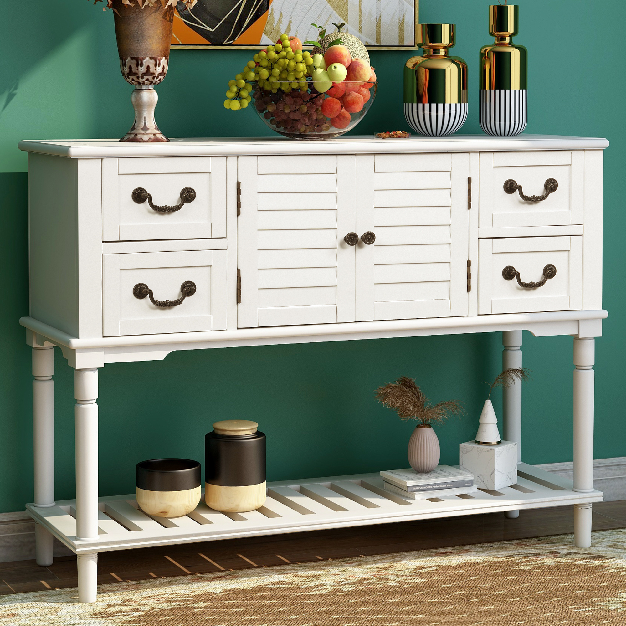 Console Table Sideboard for Entryway Sofa Table with Shutter doors and 4 Storage Drawers (White)-Boyel Living