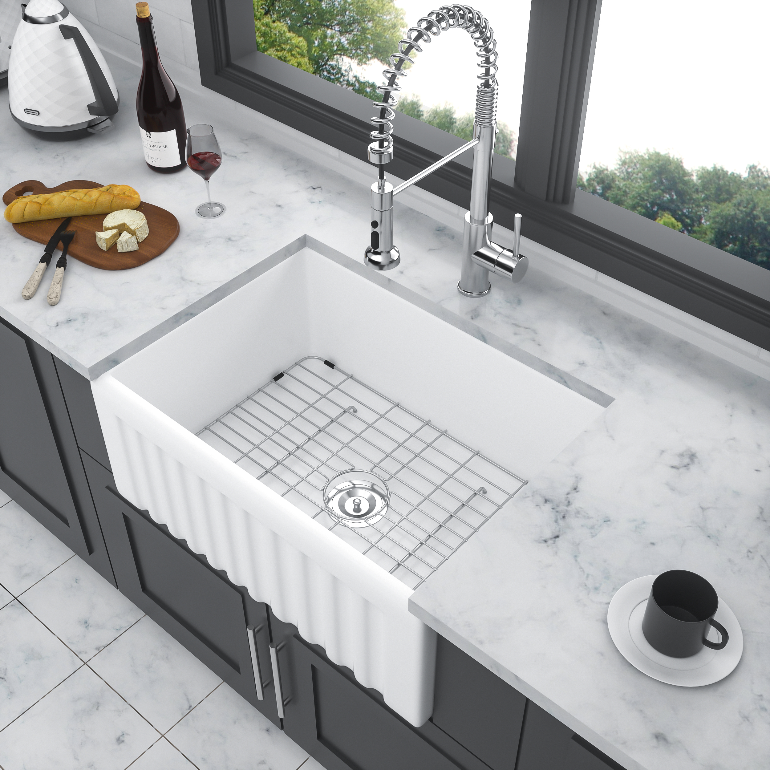 Boyel Living Farmhouse Kitchen Sink 24 inch Single Bowl Rectangular Vessel Sink White Ceramic Sink with Bottom Grid and Strainer