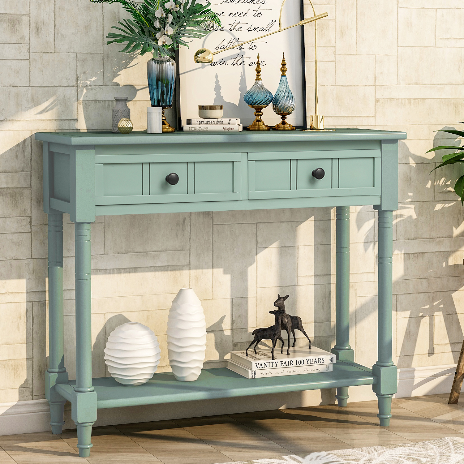 Daisy Series Console Table Traditional Design with Two Drawers and Bottom Shelf Acacia Mangium (Retro blue)-Boyel Living