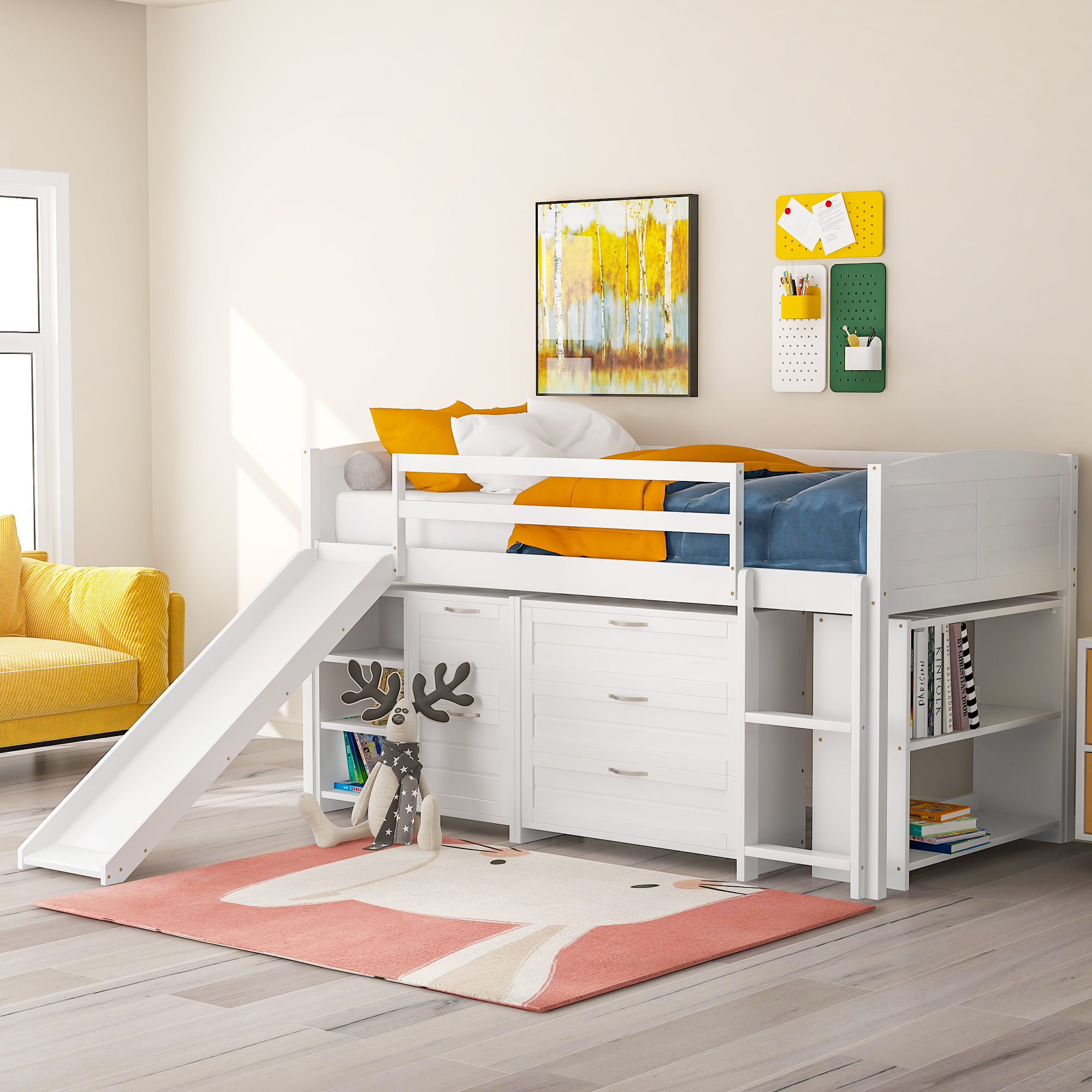 Low Twin Size Loft Bed with Cabinets, Shelves and Slide - White(OLD SKU :LP000503AAK)-Boyel Living