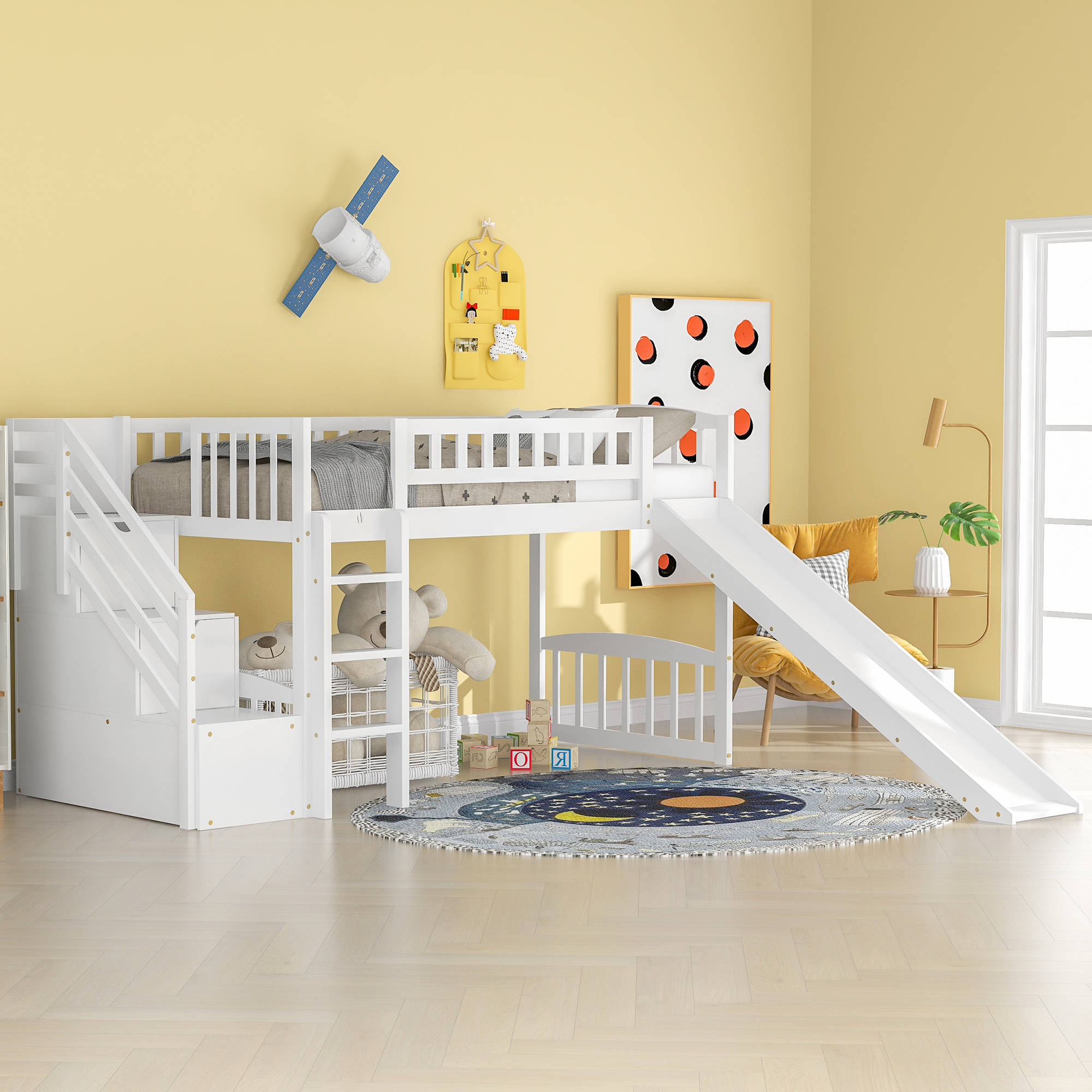 Stairway Twin Size Loft Bed with Two Drawers and Slide, White-Boyel Living