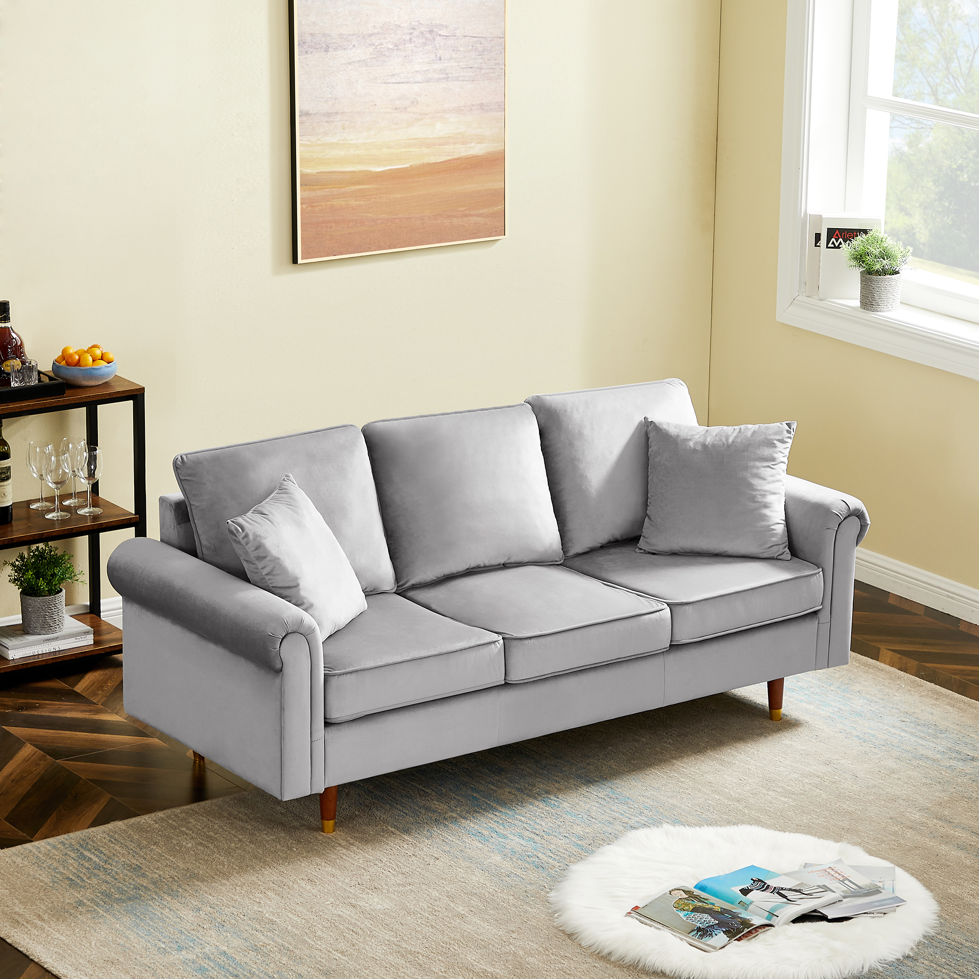 Velvet Sofa Couch with 2 Pillows, Modern 3 Seater  Sofa With Wood Legs for Living Room and Bedroom .-Boyel Living