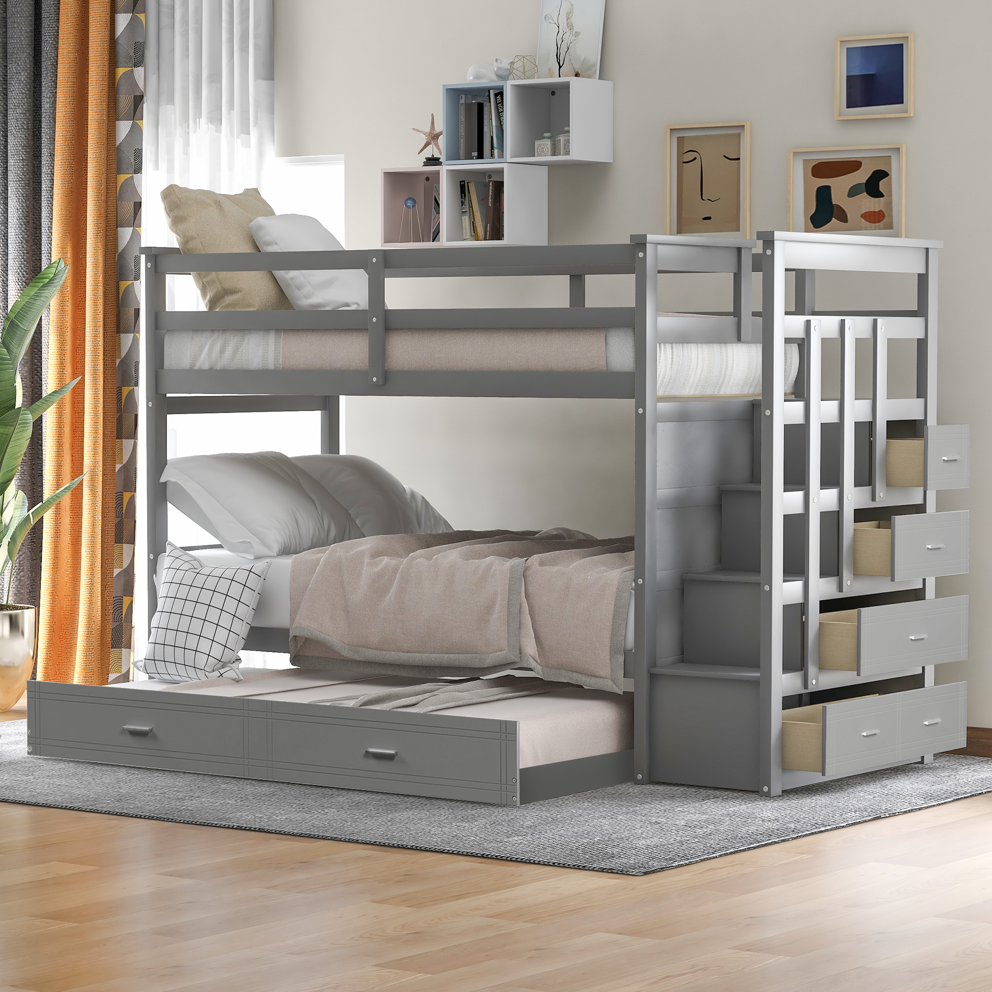 Solid Wood Bunk Bed, Hardwood Twin Over Twin Bunk Bed with Trundle and Staircase, Natural White Finish(Old SKU: LP000068AAE)-Boyel Living