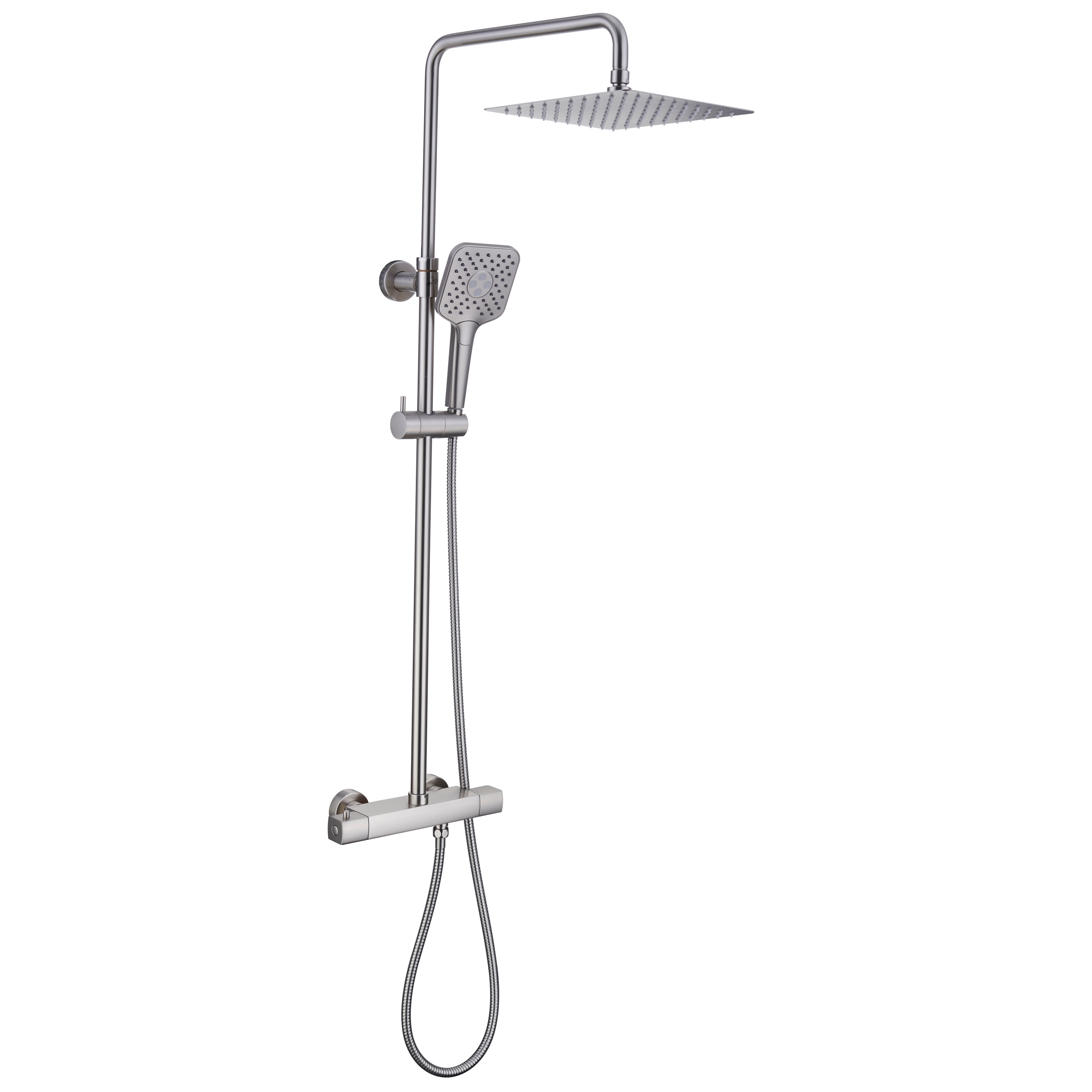 10 in. Wall Mount Square Thermostatic Rain Shower System with 3 Spray Patterns Handheld Shower in Brushed Nickel-Boyel Living
