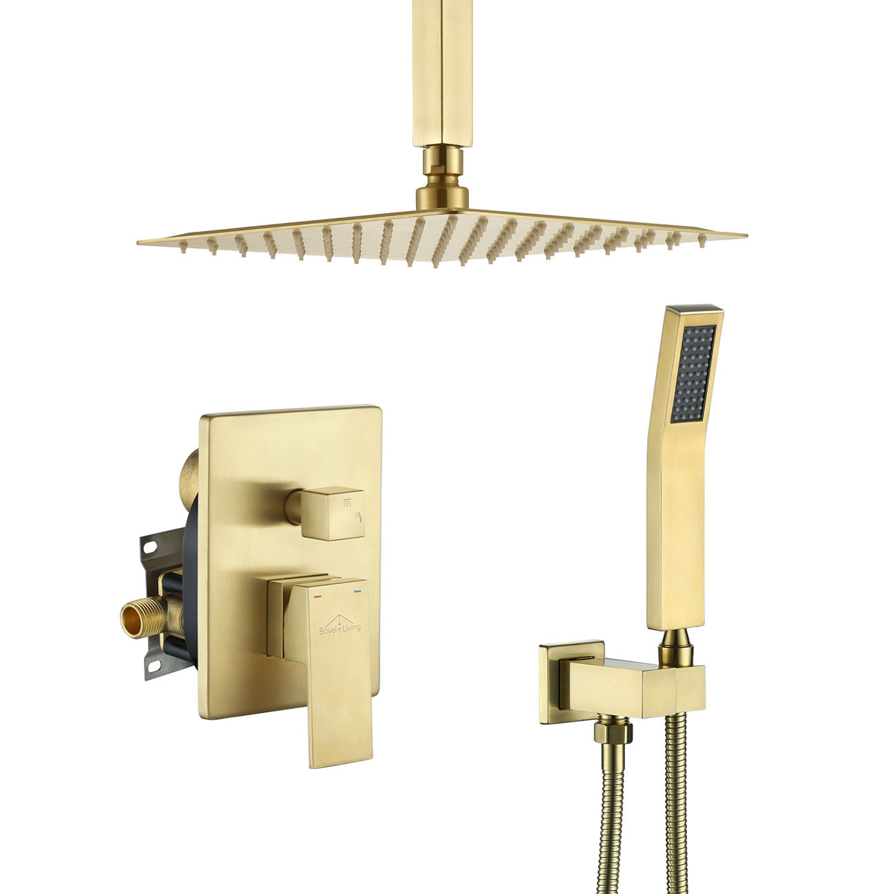 Boyel Living 10/12/16 in. Ceiling Mount Dual Shower Head System with Handheld Shower in Brushed Gold-Boyel Living