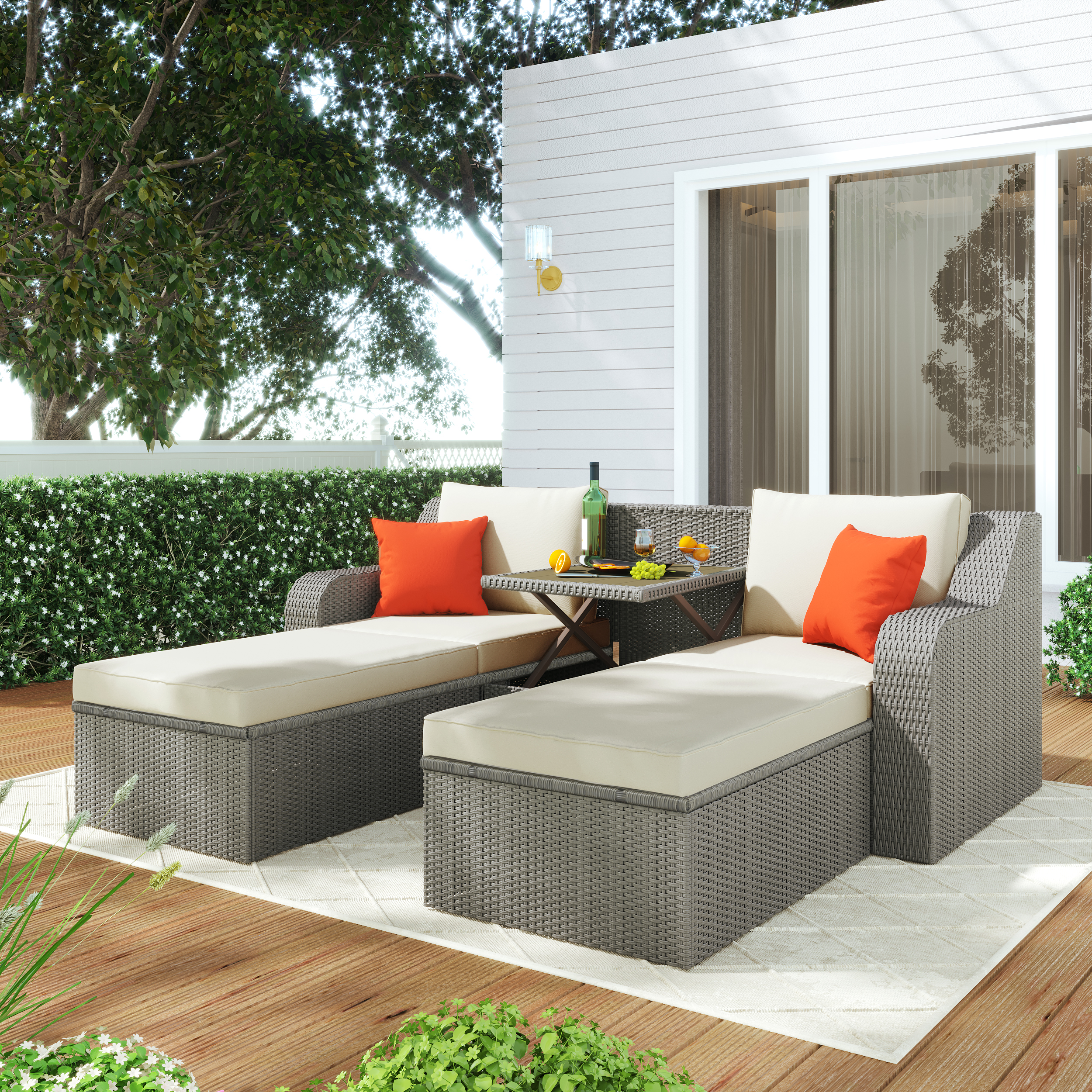 Patio Furniture Sets, 3-Piece Patio Wicker Sofa with  Cushions, Pillows, Ottomans and Lift Top Coffee Table-Boyel Living