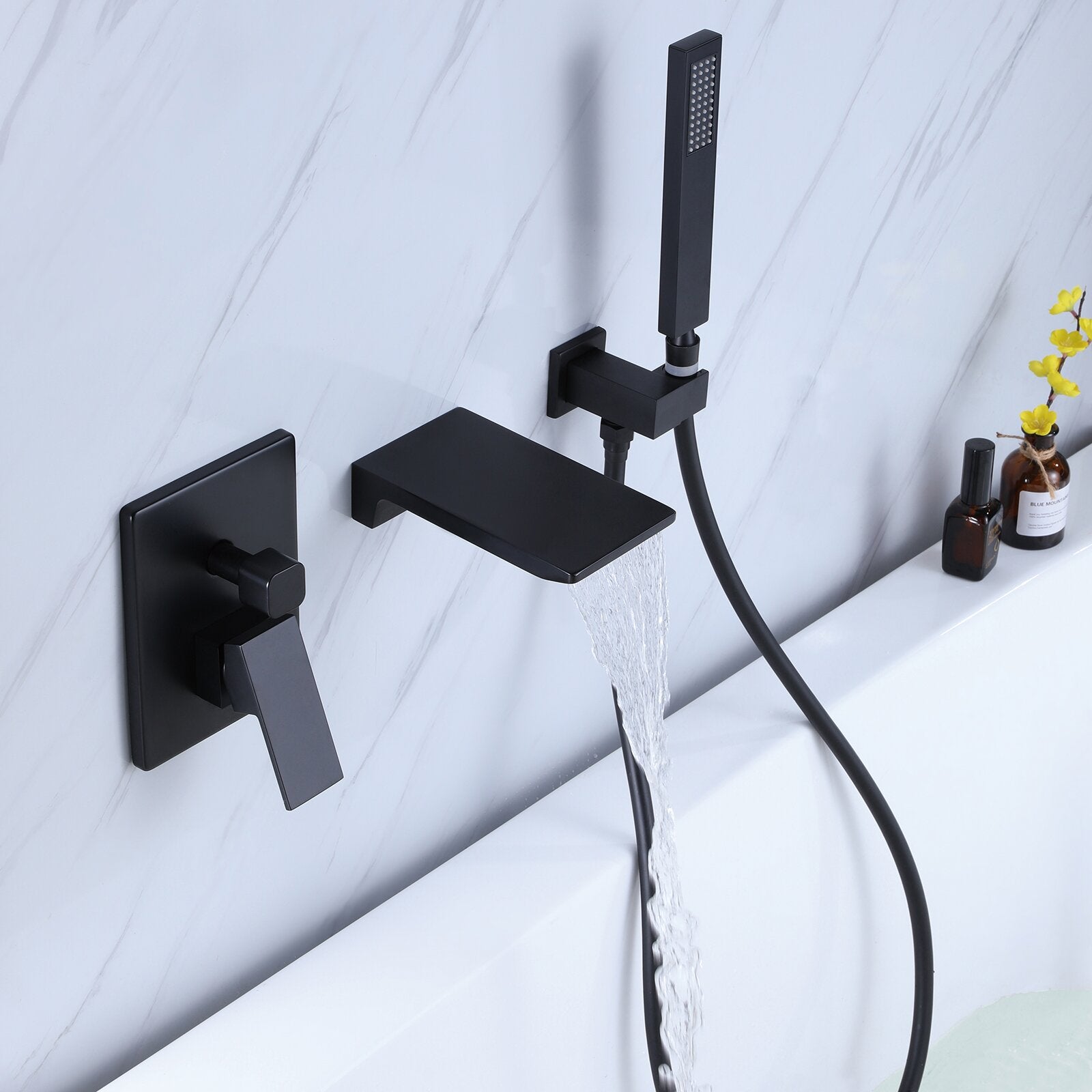 Bathtub Faucet Matte Black, Waterfall Wall Mount Tub Filler Faucet with Handheld Shower Brass, Waterfall Spout High Flow Wall Mount Tub Faucet-Boyel Living