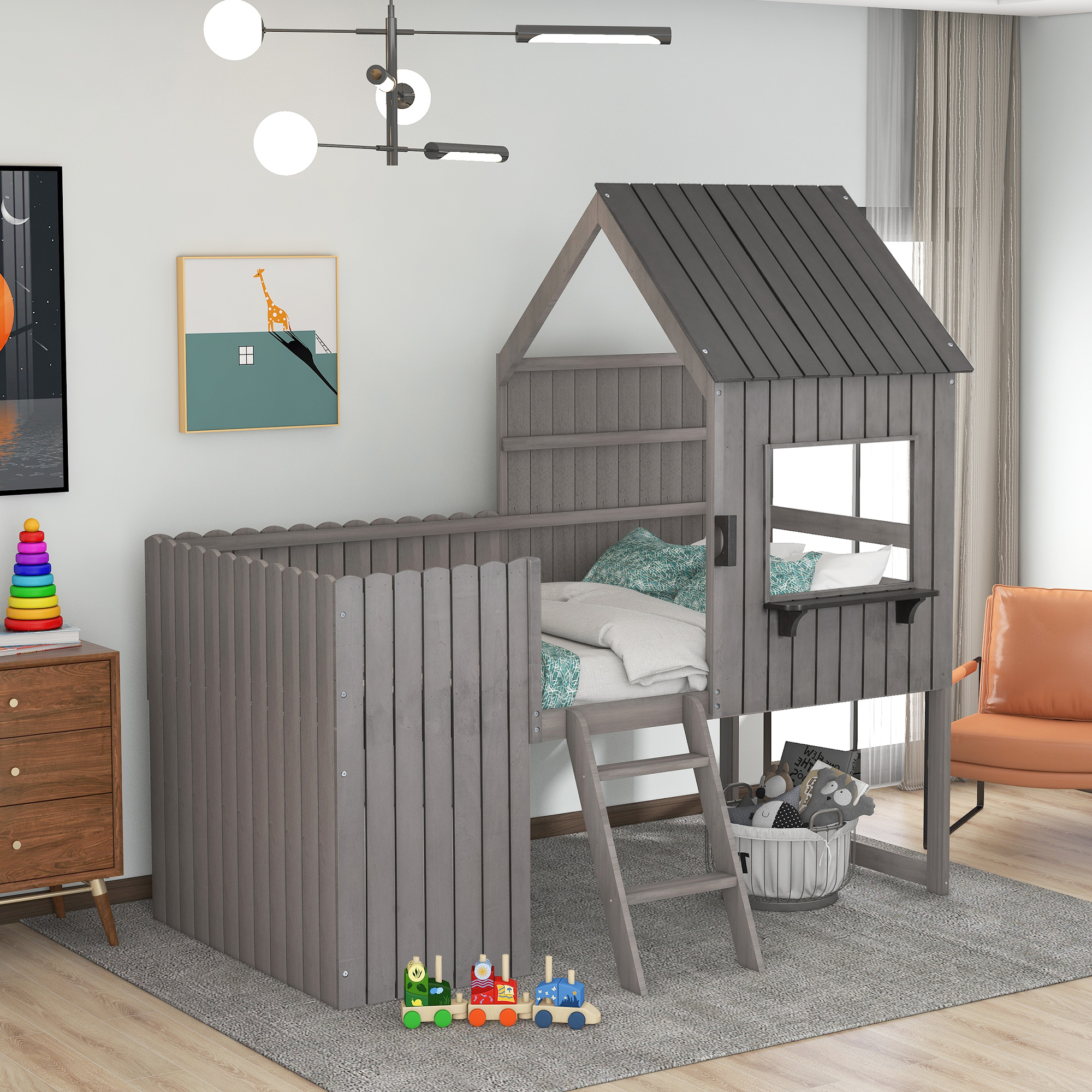 Twin size Loft Bed Wood Bed with Roof, Window, Guardrail, Ladder(Antique Gray)（Old SKU: LP000069AAE）-Boyel Living