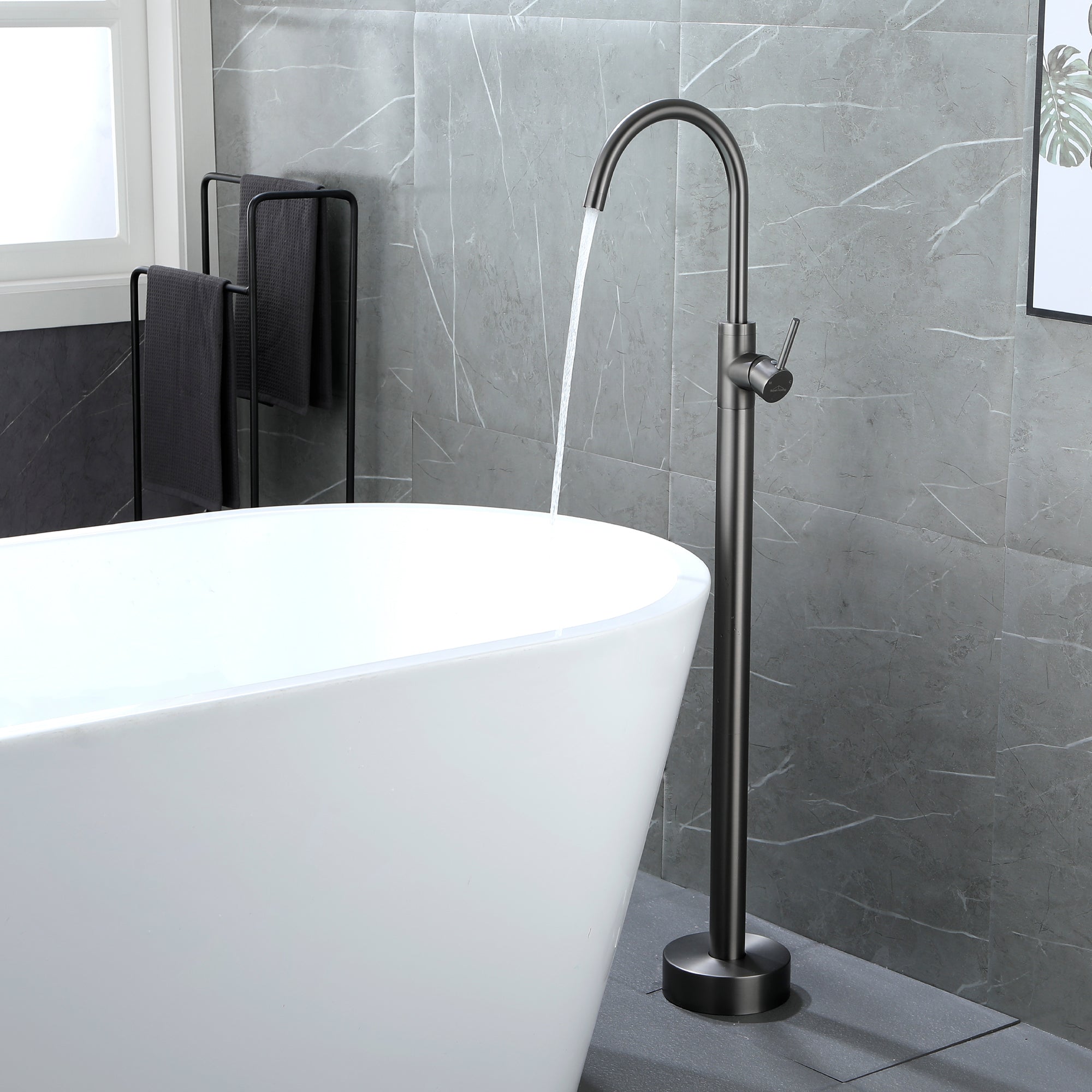 Boyel Living Freestanding Floor Mount Single Handle Bath Tub Filler Faucet with Water Supply Lines in Gunmetal Gray-Boyel Living