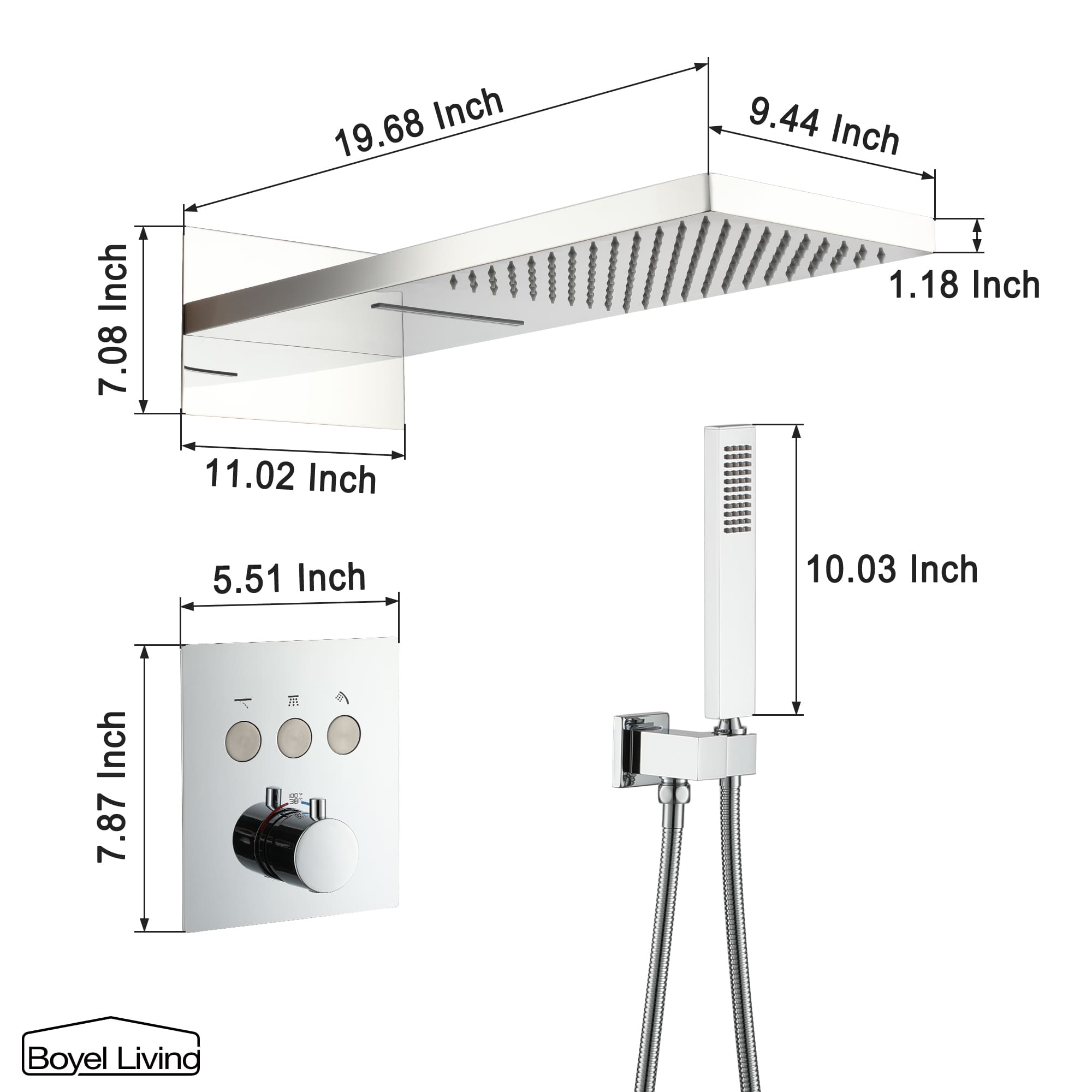 Boyel Living Rainfall & Waterfall 2 GPM 10 in. Wall Mount Dual Shower Heads System with Handheld Shower and Pressure Balance Valve-Boyel Living