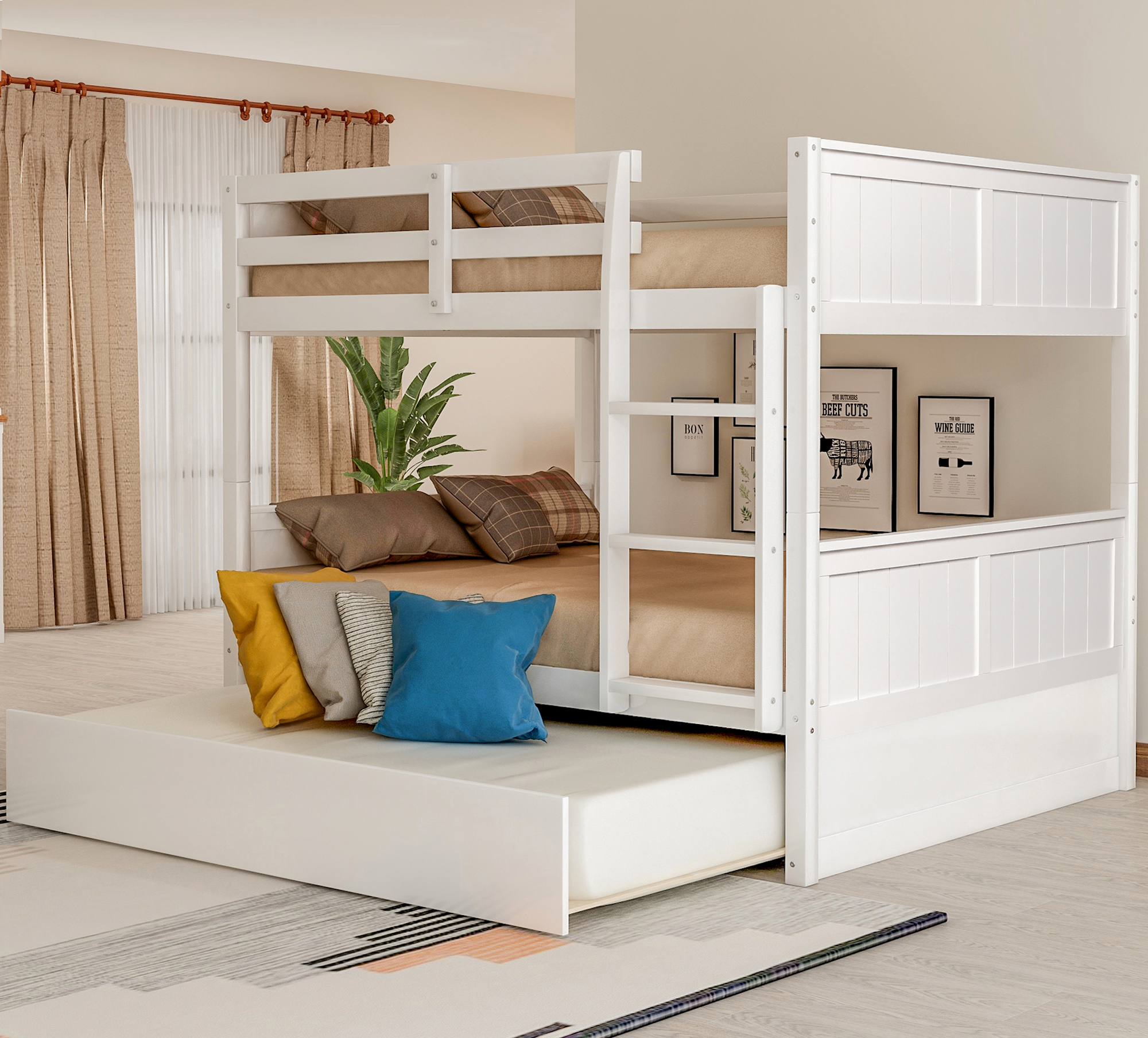 Full Over Full Bunk Bed with Twin Size Trundle, White ( old sku: LP000150AAK )-Boyel Living