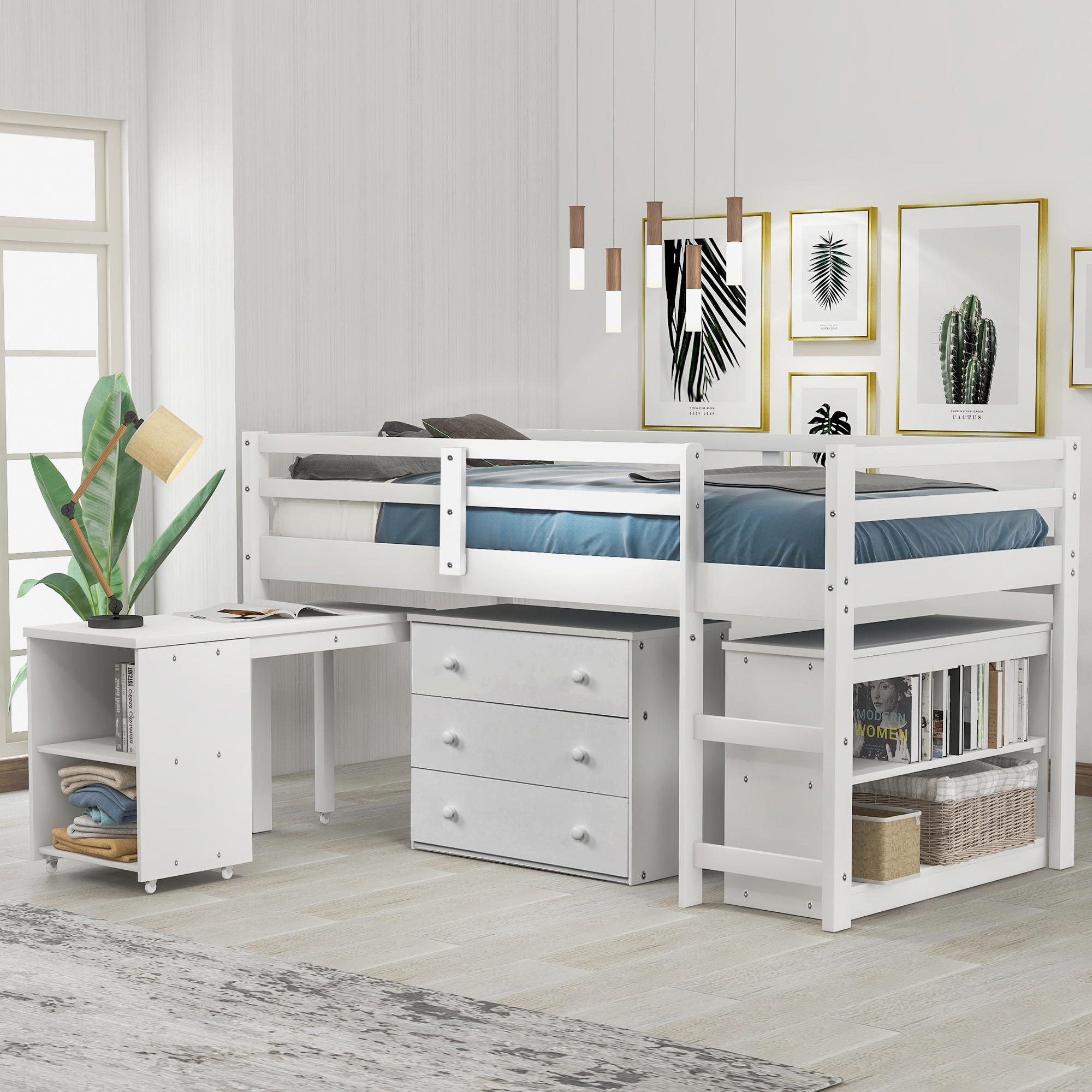 Low Study Twin Loft Bed with Cabinet and Rolling Portable Desk - White (OLD SKU :LP000113AAK)-Boyel Living