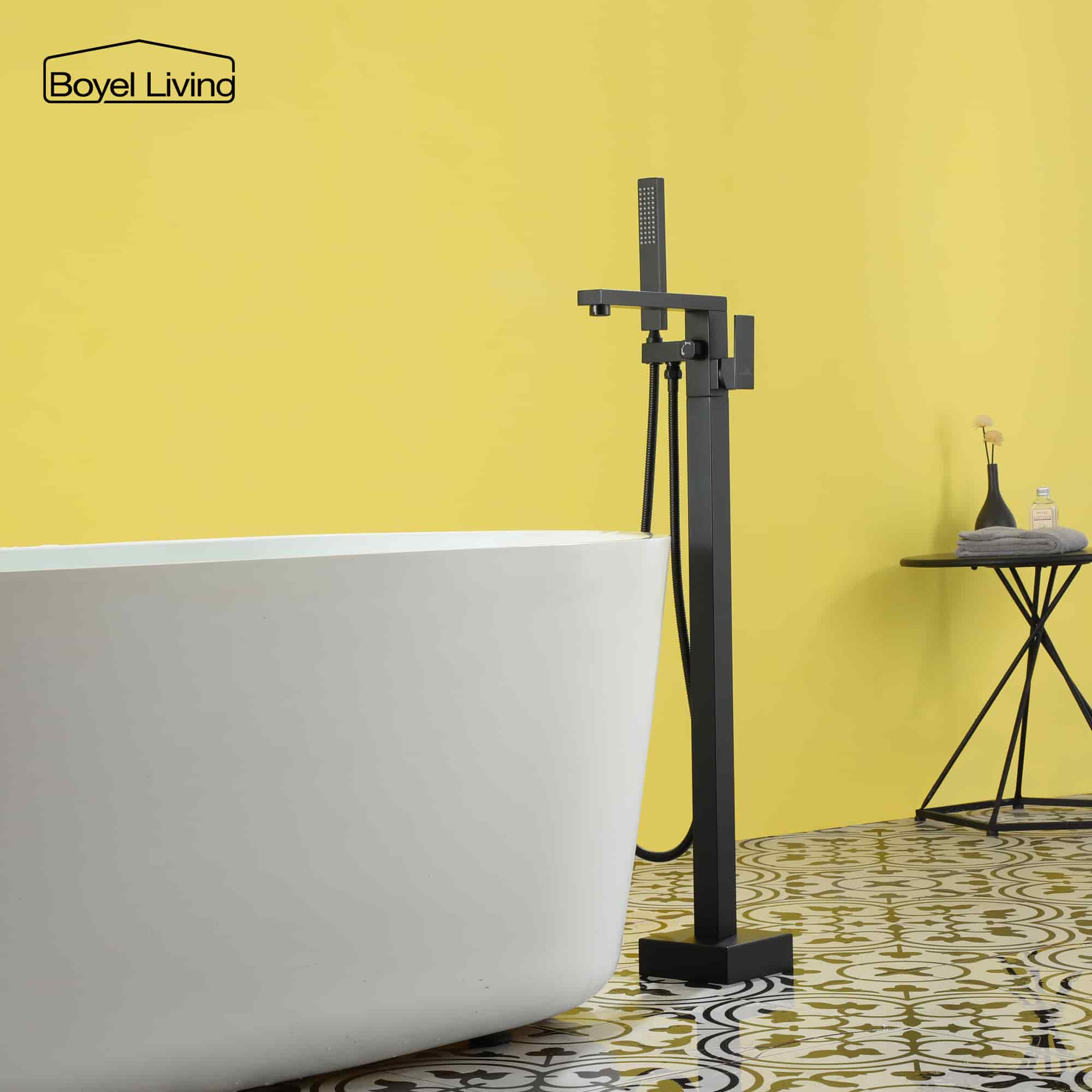 Boyel Living Freestanding Floor Mount Single Handle Bath Tub Filler Faucet with Handheld Shower in Matte Black-Boyel Living