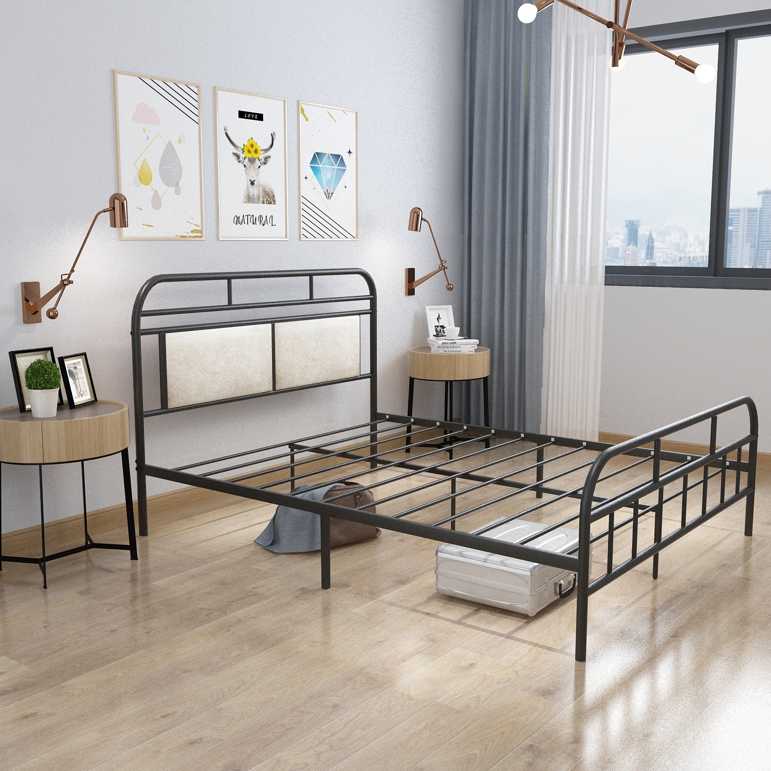Modern Metal Bed Frame, Mattress Foundation with Upholstered Headboard and Footboard, with Strong Metal Slats Support and 11 Inches Underbed Space,  No Box Spring Needed-Boyel Living