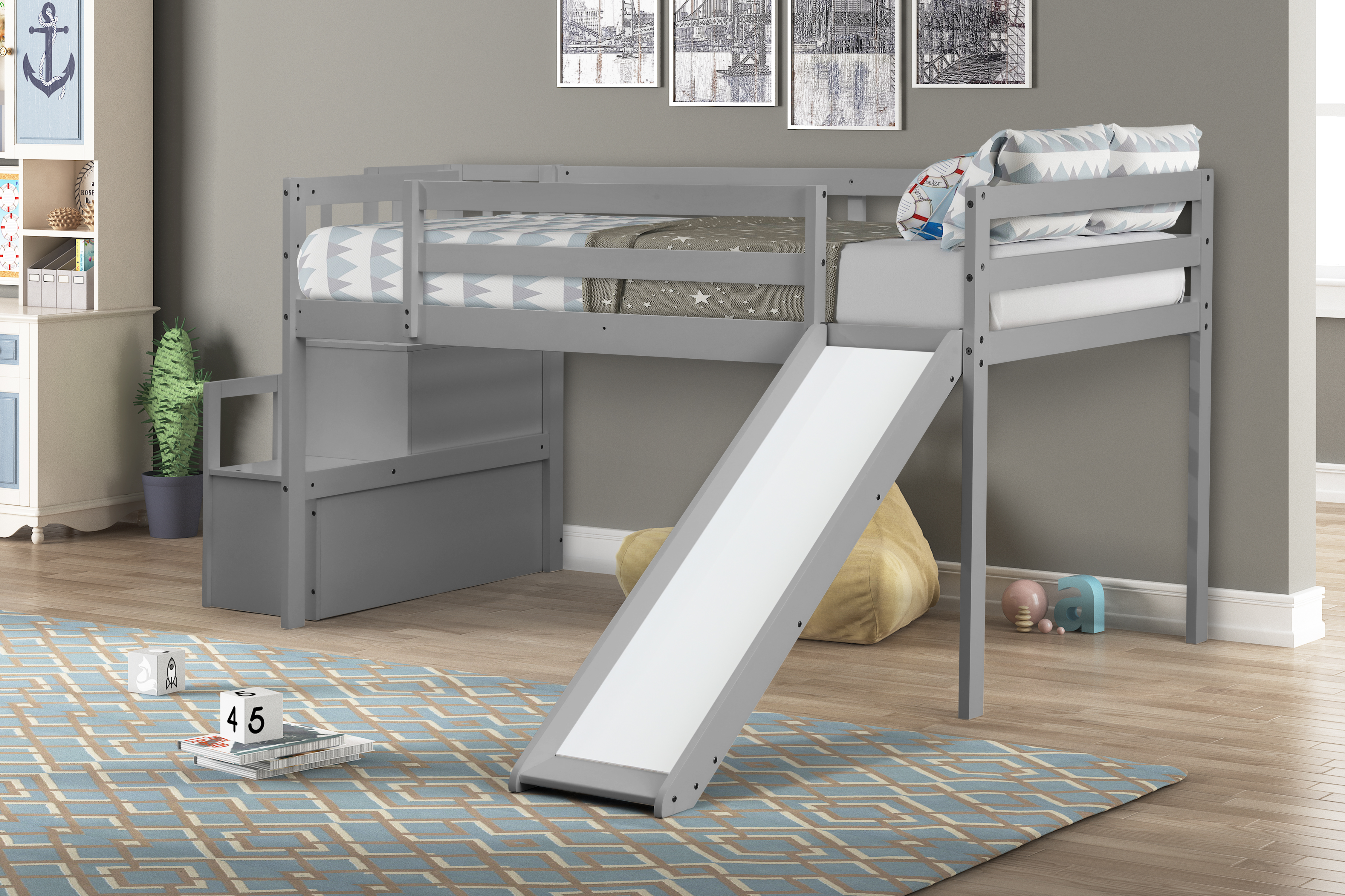Loft Bed with Staircase,Storage,Slide,Twin size,Full-length Safety Guardrails,No Box Spring Needed, Gray-Boyel Living