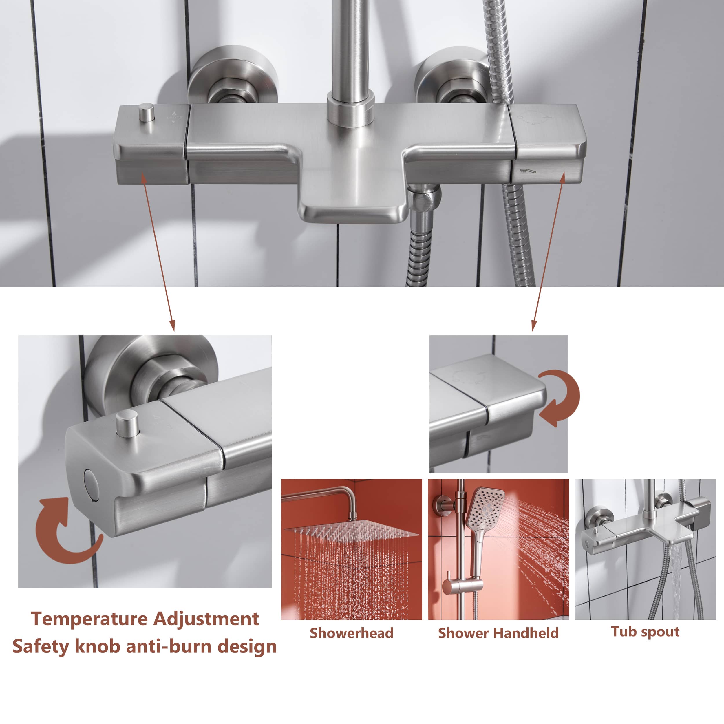 10 in. Wall Mount Thermostatic Rain Shower System with Handheld Shower and Tub Spout in Brushed Nickel-Boyel Living