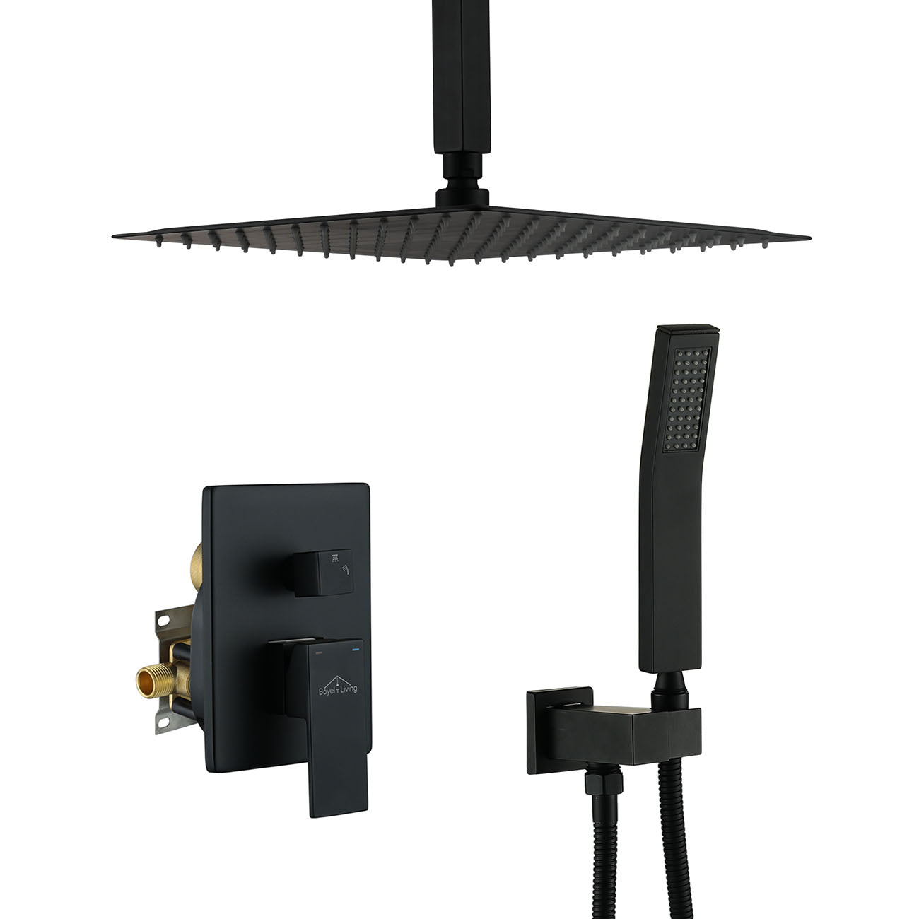 12 in. Square Rainfall Ceiling Mounted Shower System with Handheld Shower Head, Matte Black-Boyel Living