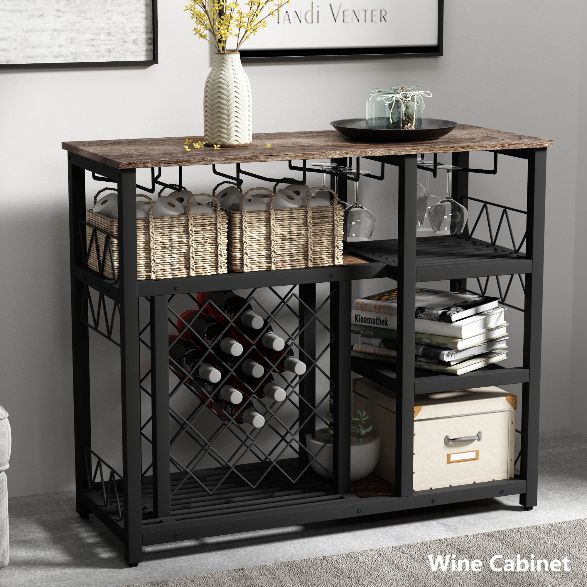 Modern Industrial Home Kitchen Dining Room Metal Wine Rack Table with Glass Holder, Freestanding Wine Bar Cabinet Console Table Buffet Table with 21 Bottles for Small Places, Brown Finish-Boyel Living