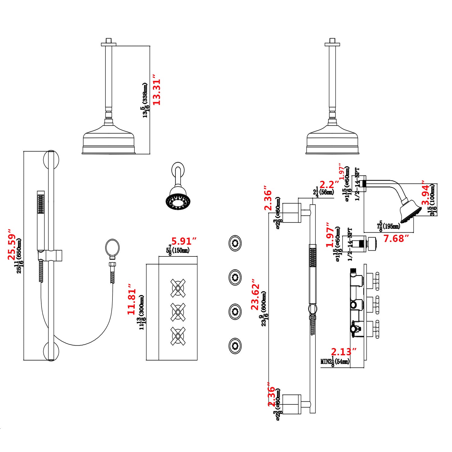 Boyel Living 1.8 GPM Wall Mount and Ceiling Mount Shower System with 4 Body Sprays Size Details-Boyel Living