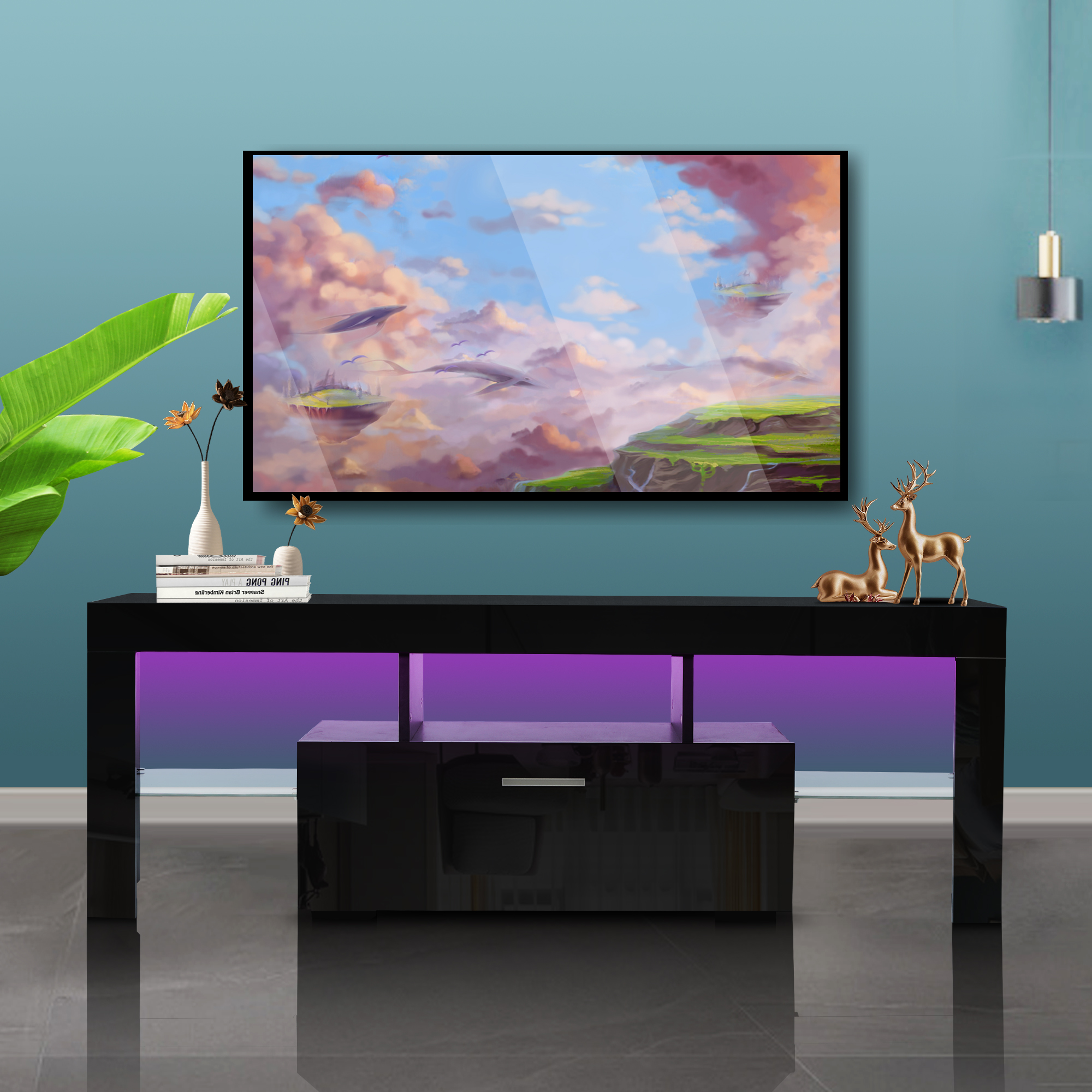 20 minutes quick assemble,Black morden TV Stand with LED Lights,high glossy front TV Cabinet,can be assembled in Lounge Room, Living Room or Bedroom,color:BLACK-Boyel Living