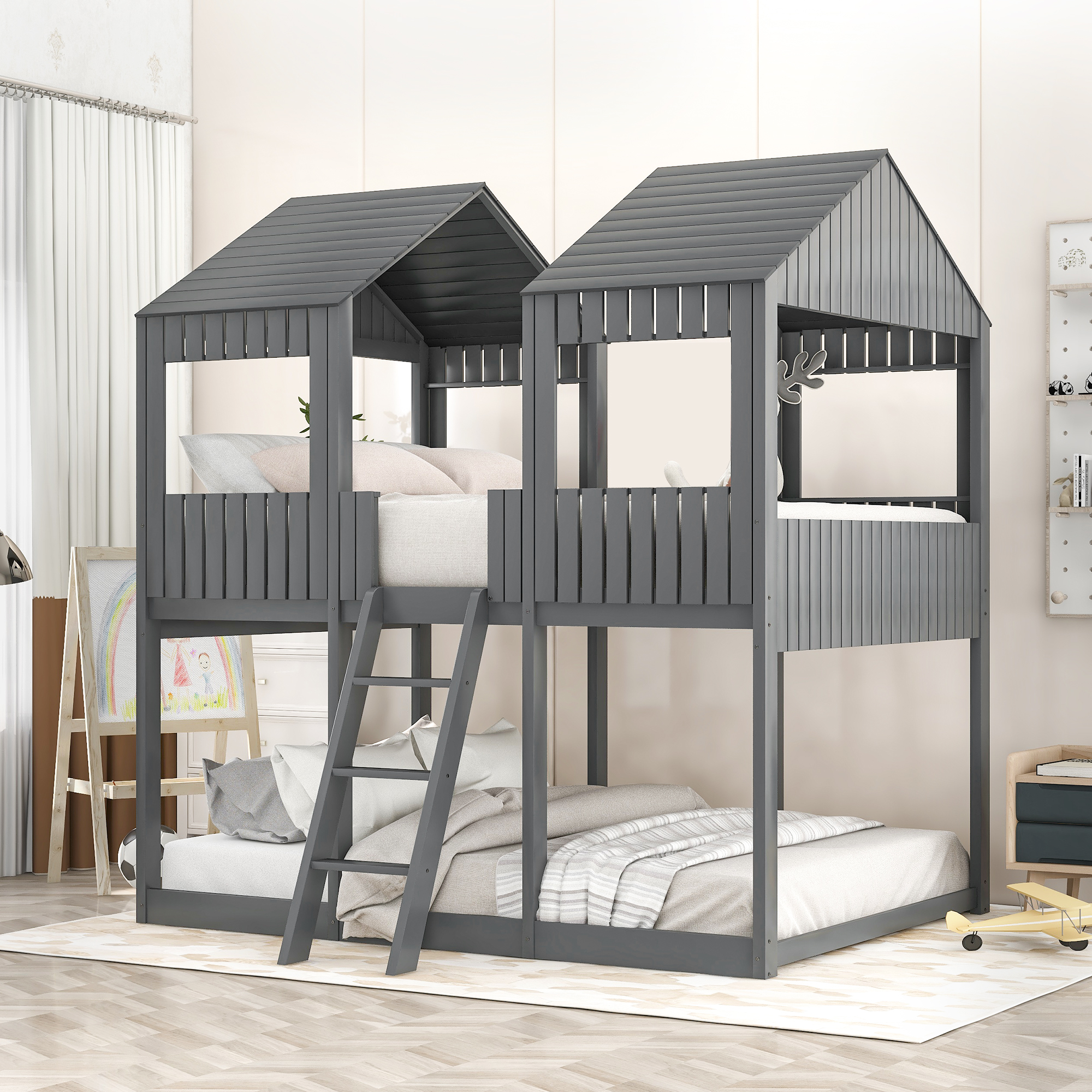 Full Over Full WoodBunk Bed with Roof, Window, Guardrail, Ladder (Gray)-Boyel Living