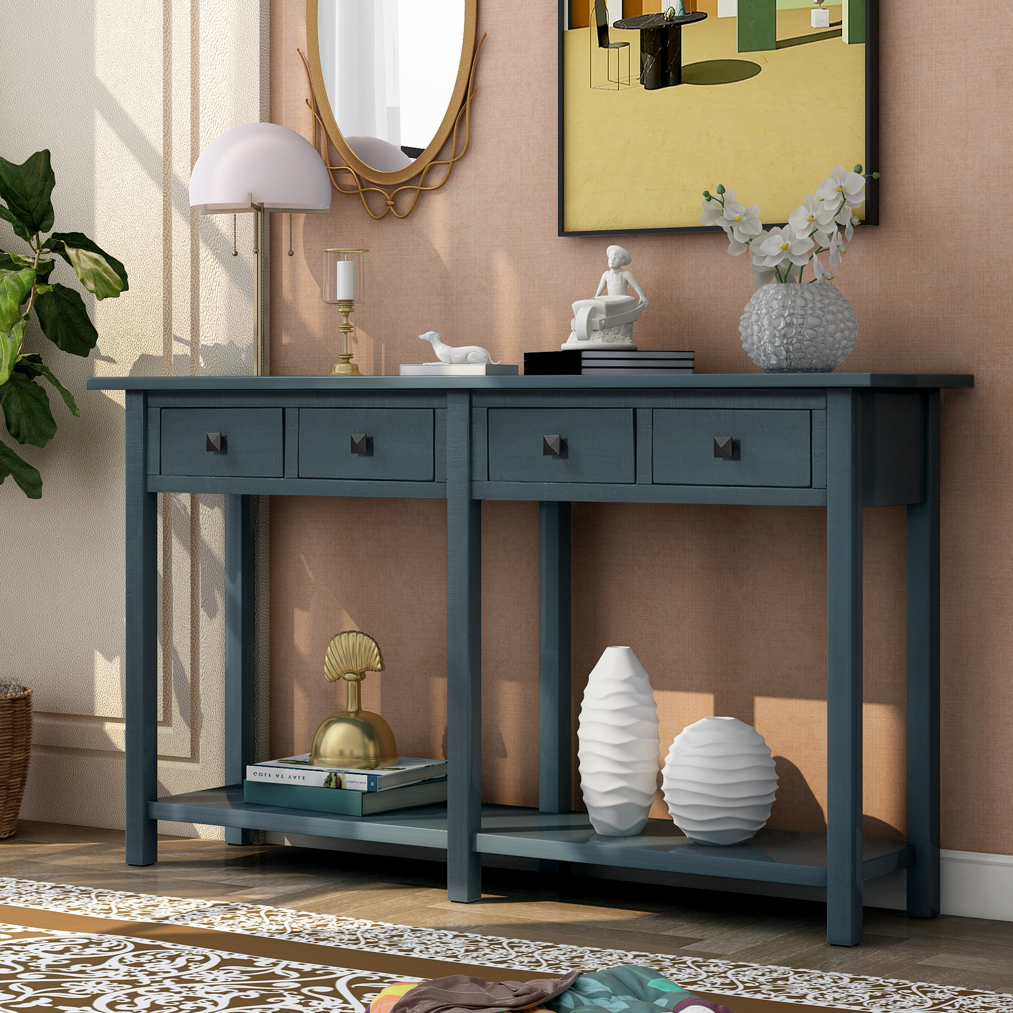 Rustic Brushed Texture Entryway Table Console Table with Drawer and Bottom Shelf for Living Room（Antique Navy）-Boyel Living