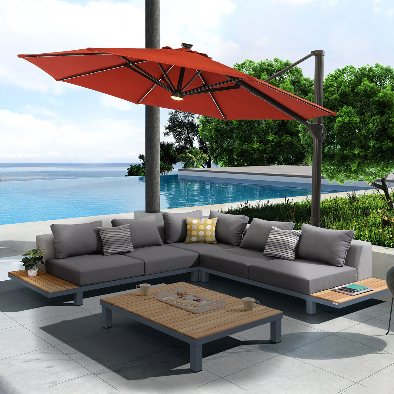 11Ft Solar Tube Light-Emitting Diode Patio Round Umbrella Outdoor Market Hanging Aluminum Umbrella with Crank and Base-Boyel Living