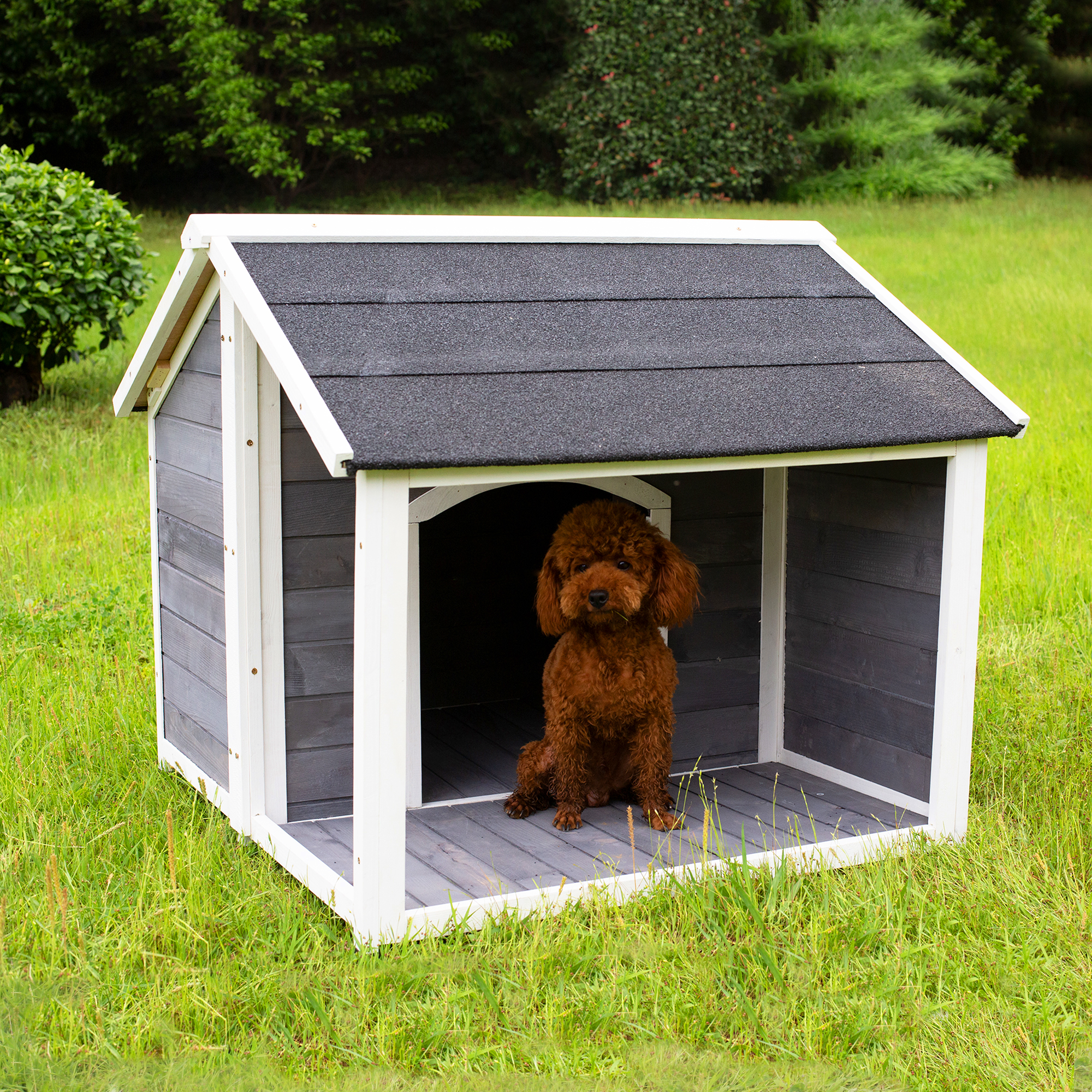 Large Outdoor Wooden Dog House, Waterproof Dog Cage, Windproof and Warm Dog Kennel with Porch Deck-Boyel Living