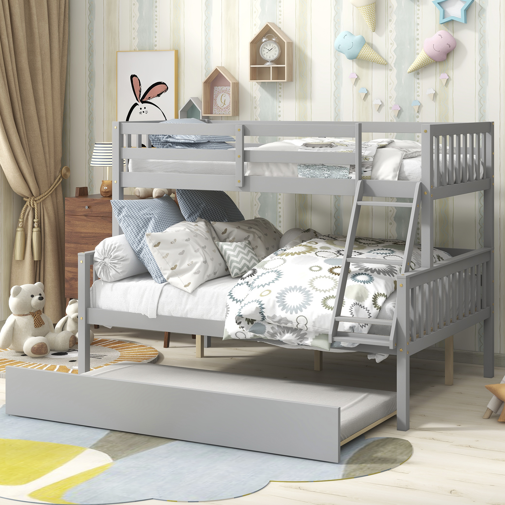 Twin Over Full Bunk Bed with Trundle, Convertible into 2 Beds, the Bunk Bed with Ladder and Safety Rails for Kids, Teens, Adults, Grey-Boyel Living