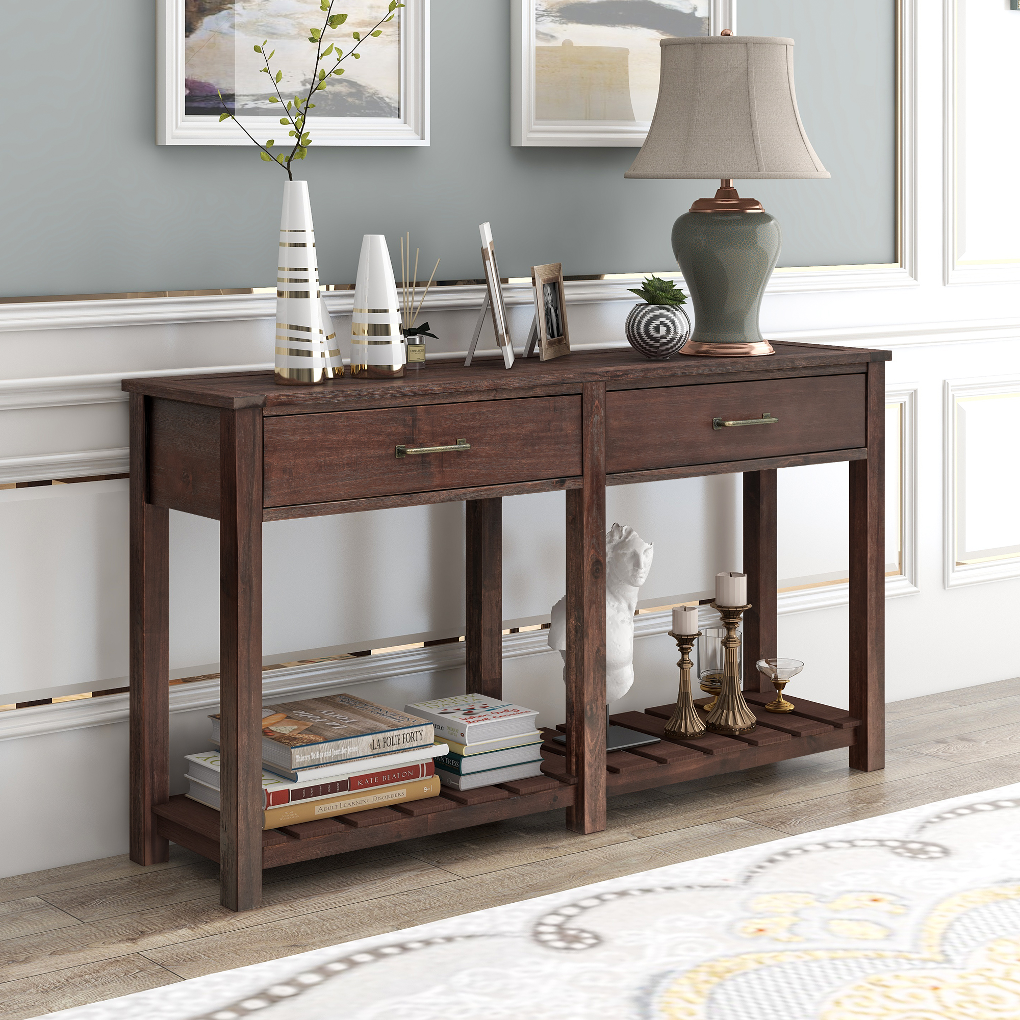 Classic Solid Console Table with 2 Drawers and Slatted Shelf, Entryway Table with Storage, Living Room, Hallway (Espresso)-Boyel Living