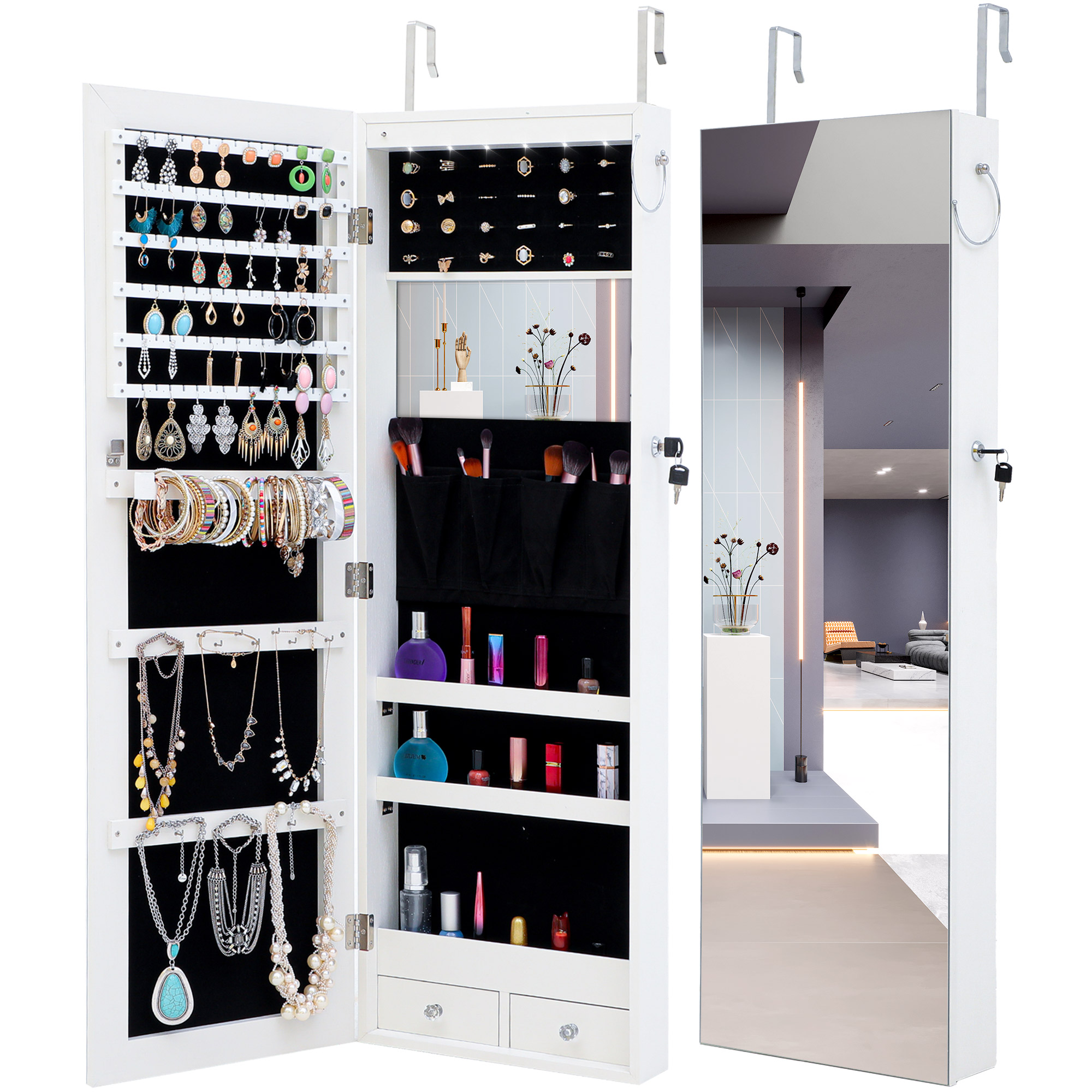 Fashion Simple Jewelry Storage Mirror Cabinet With LED Lights Can Be Hung On The Door Or Wall-Boyel Living