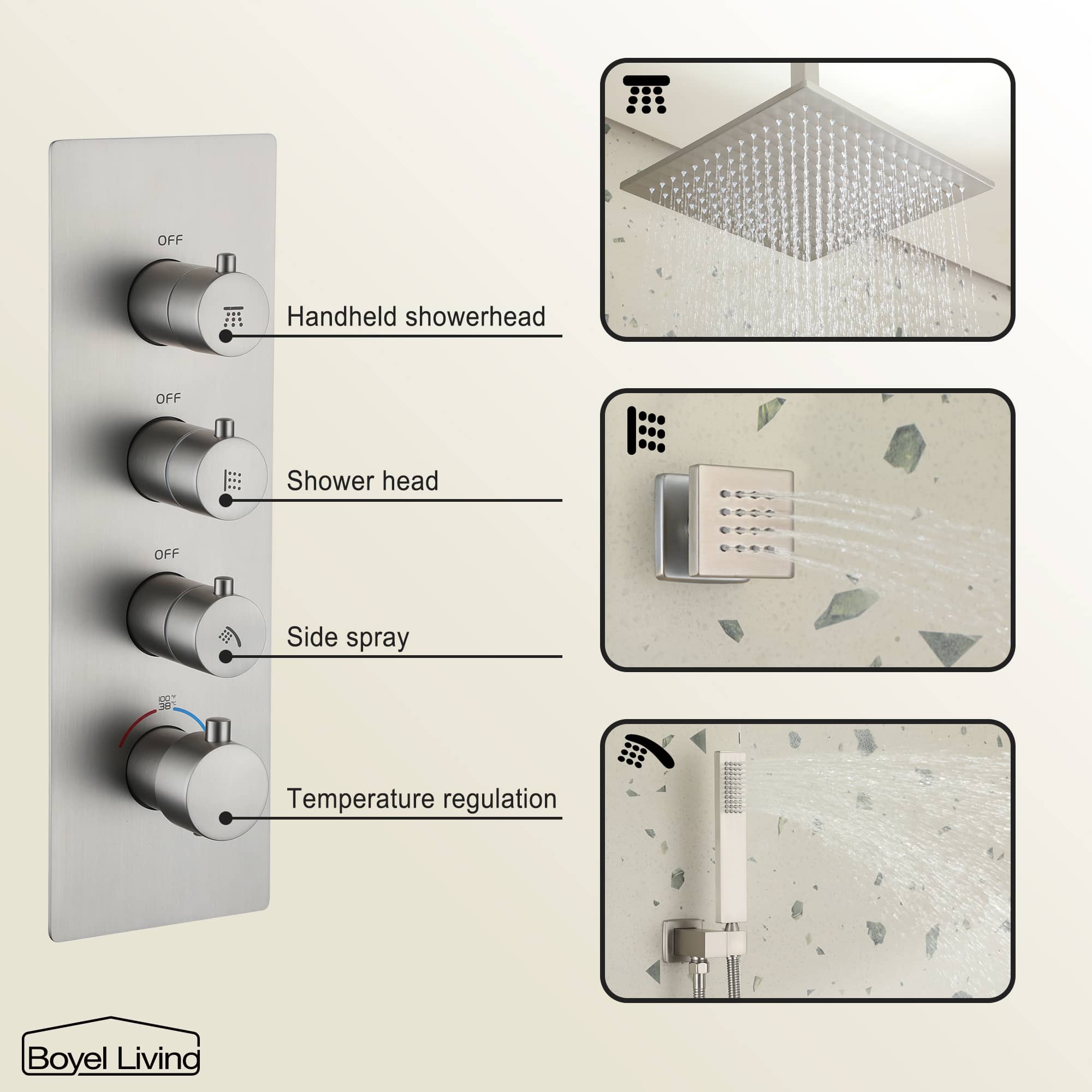 Boyel Living Luxury 6 Jets Thermostatic Shower System Combo Set with Ceiling Rainfall Shower Head and Handshower-Boyel Living