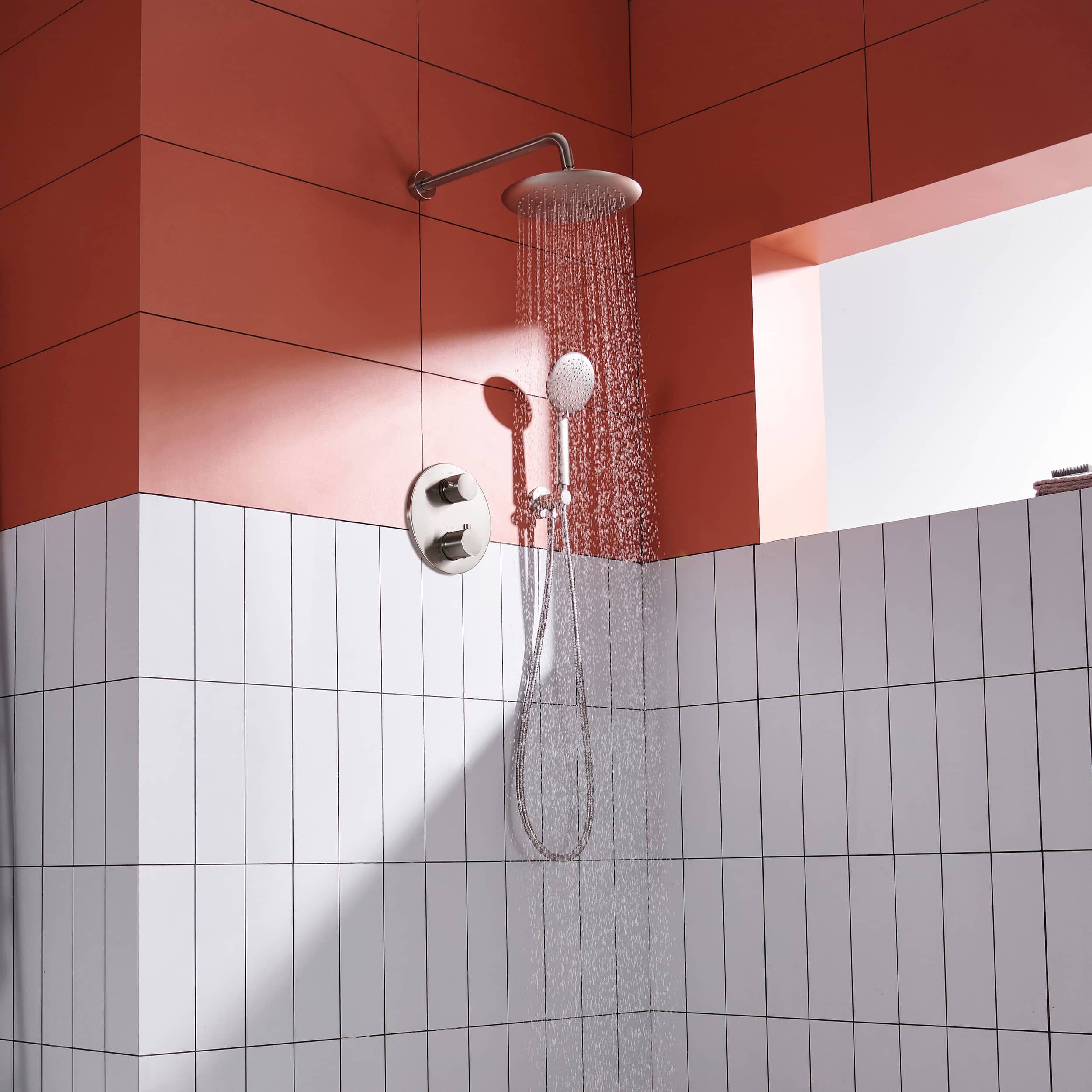 Wall Mount Thermostatic Round Rain Shower System with 5 Spray Patterns Handheld Shower in Brushed Nickel-Boyel Living
