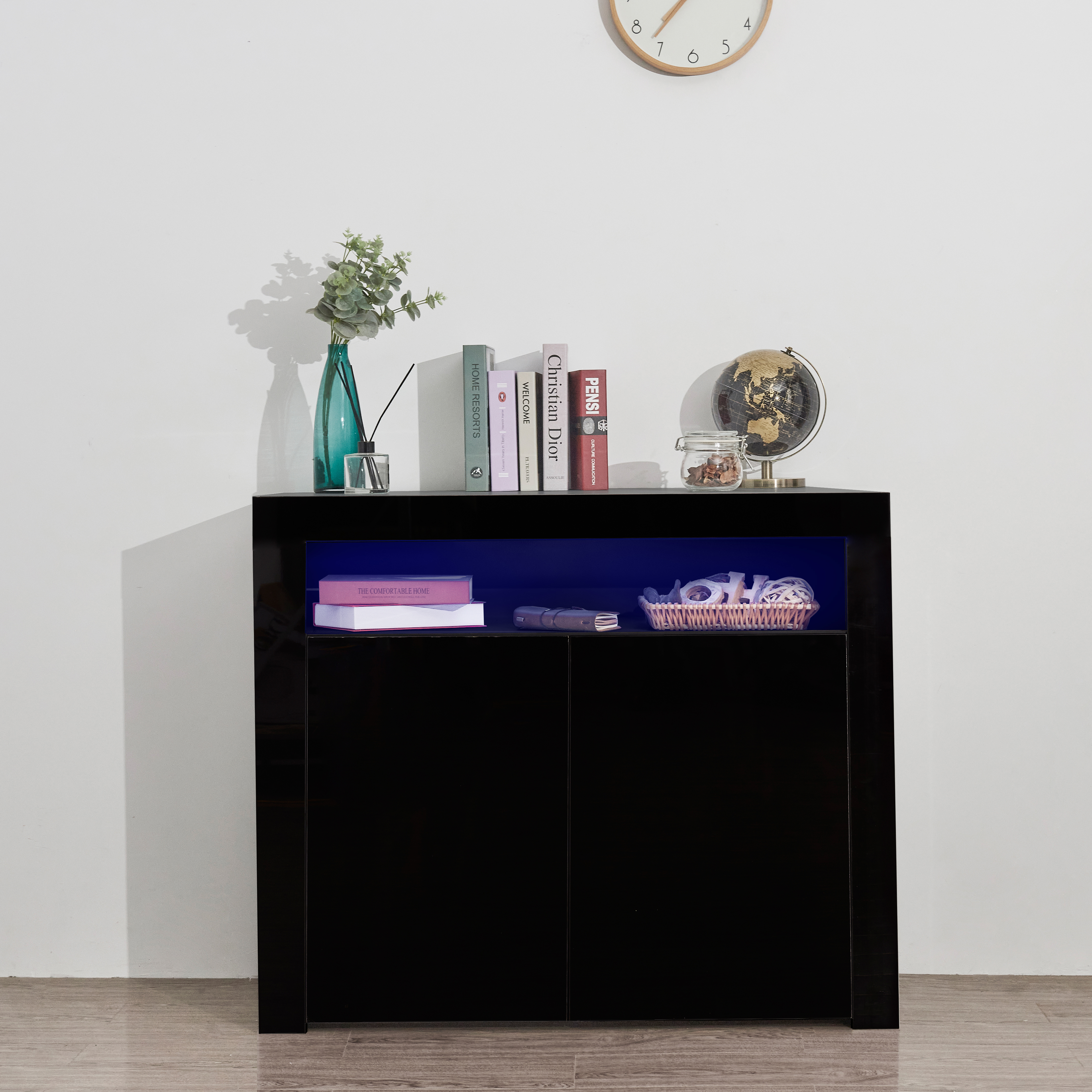 Living Room Sideboard Storage Cabinet Black High Gloss with LED Light, Modern Kitchen Unit Cupboard Buffet Wooden Storage Display Cabinet TV Stand with 2 Doors for Hallway Dining Room-Boyel Living