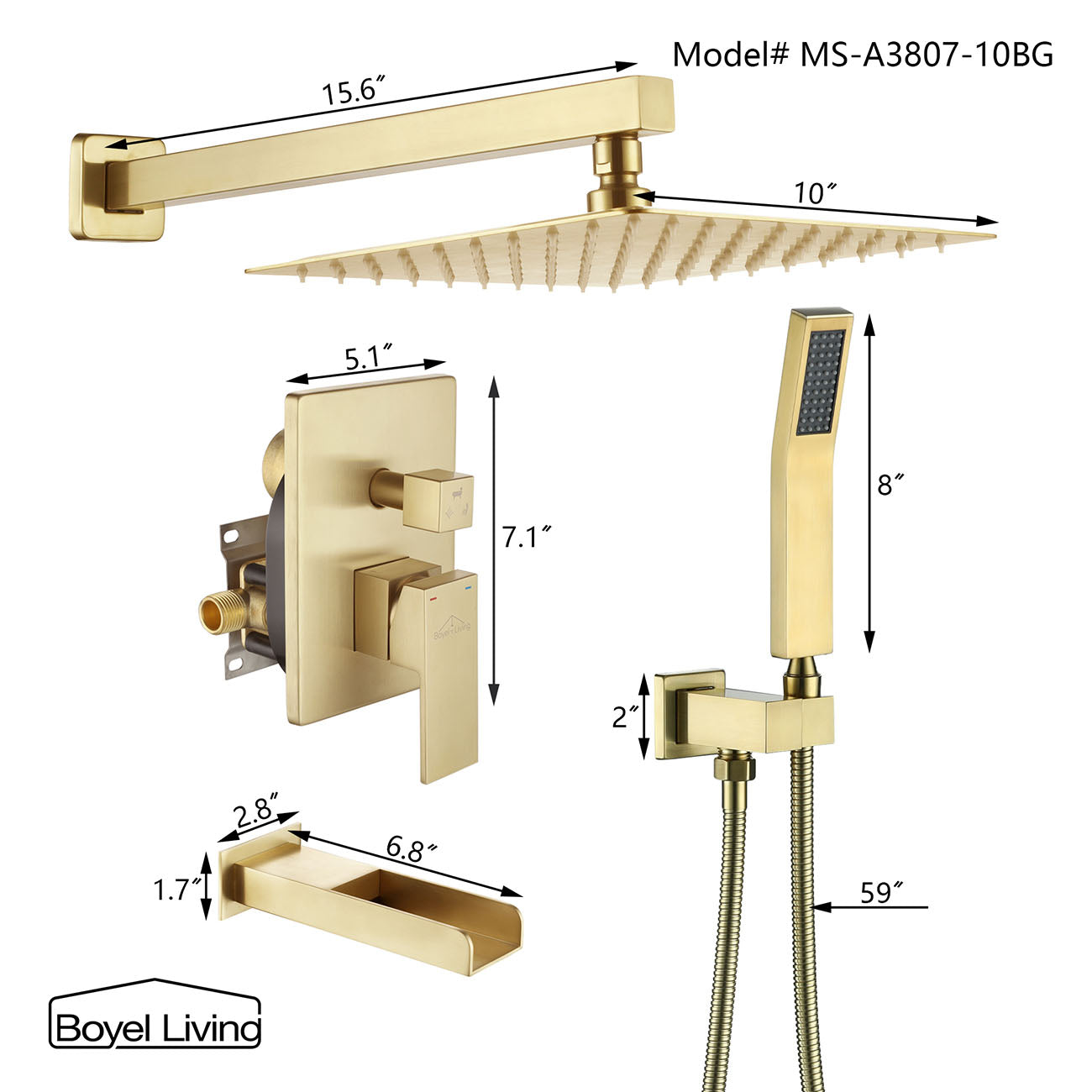 10-inch Brushed Gold Shower Head Set Wall Mount Shower System Size Details-Boyel Living