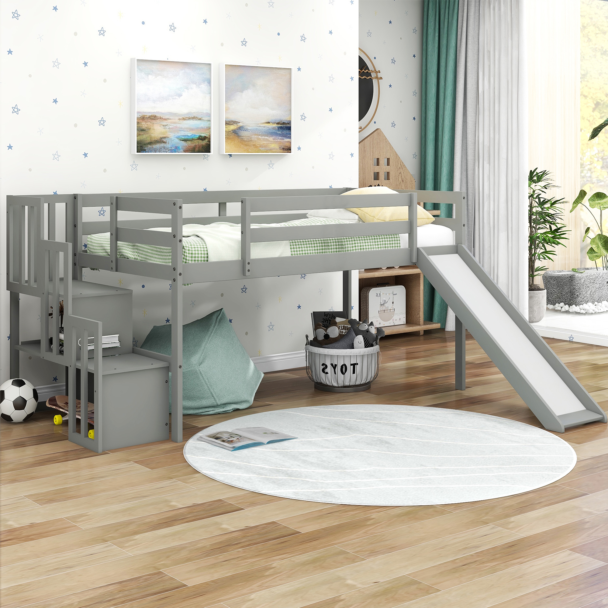 Loft Bed with Staircase,Storage,Slide,Twin size,Full-length Safety Guardrails,No Box Spring Needed,Grey-Boyel Living