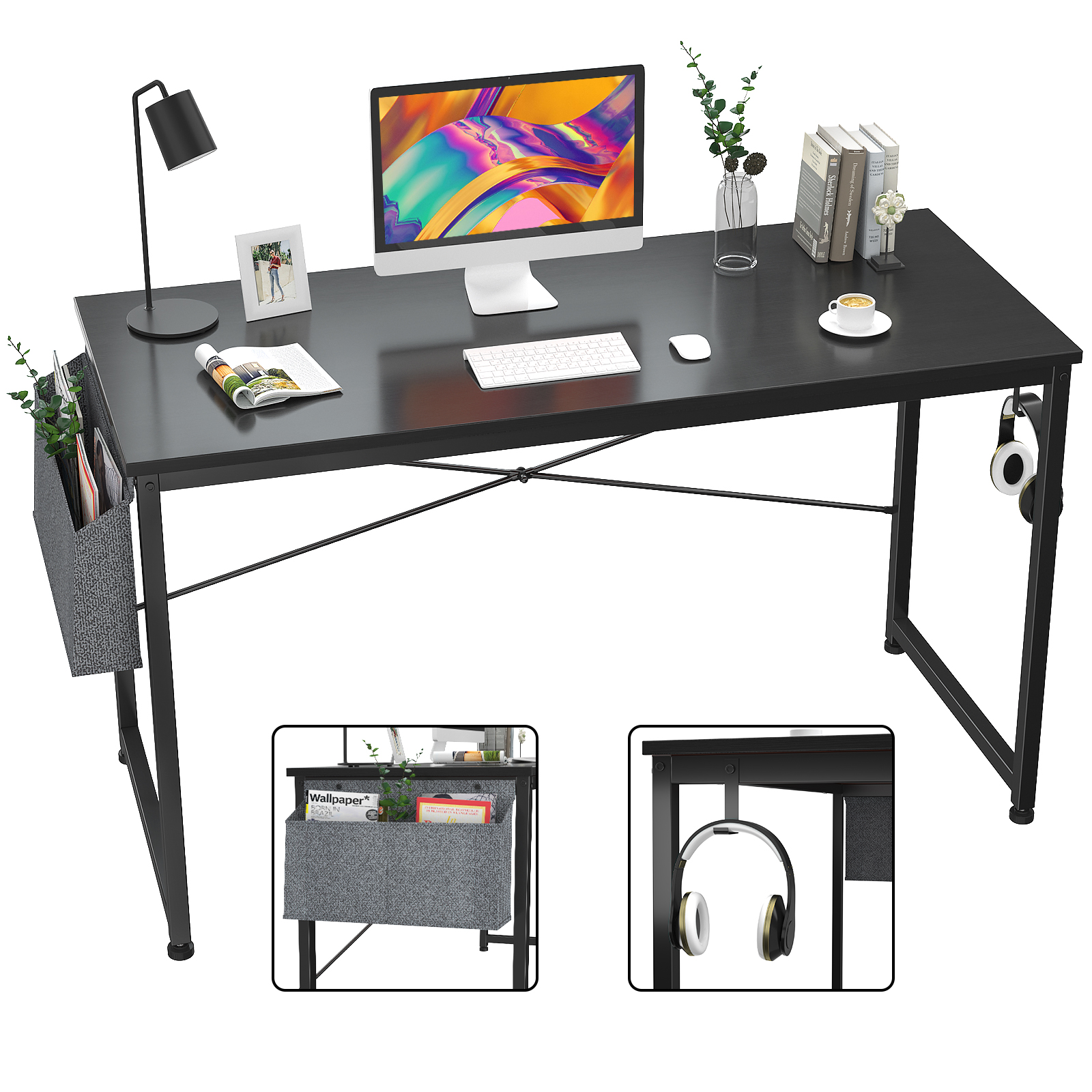 Computer Desk 47 inch Home Office Writing Study Desk, Modern Simple Style Laptop Table with Storage Bag,Black-Boyel Living
