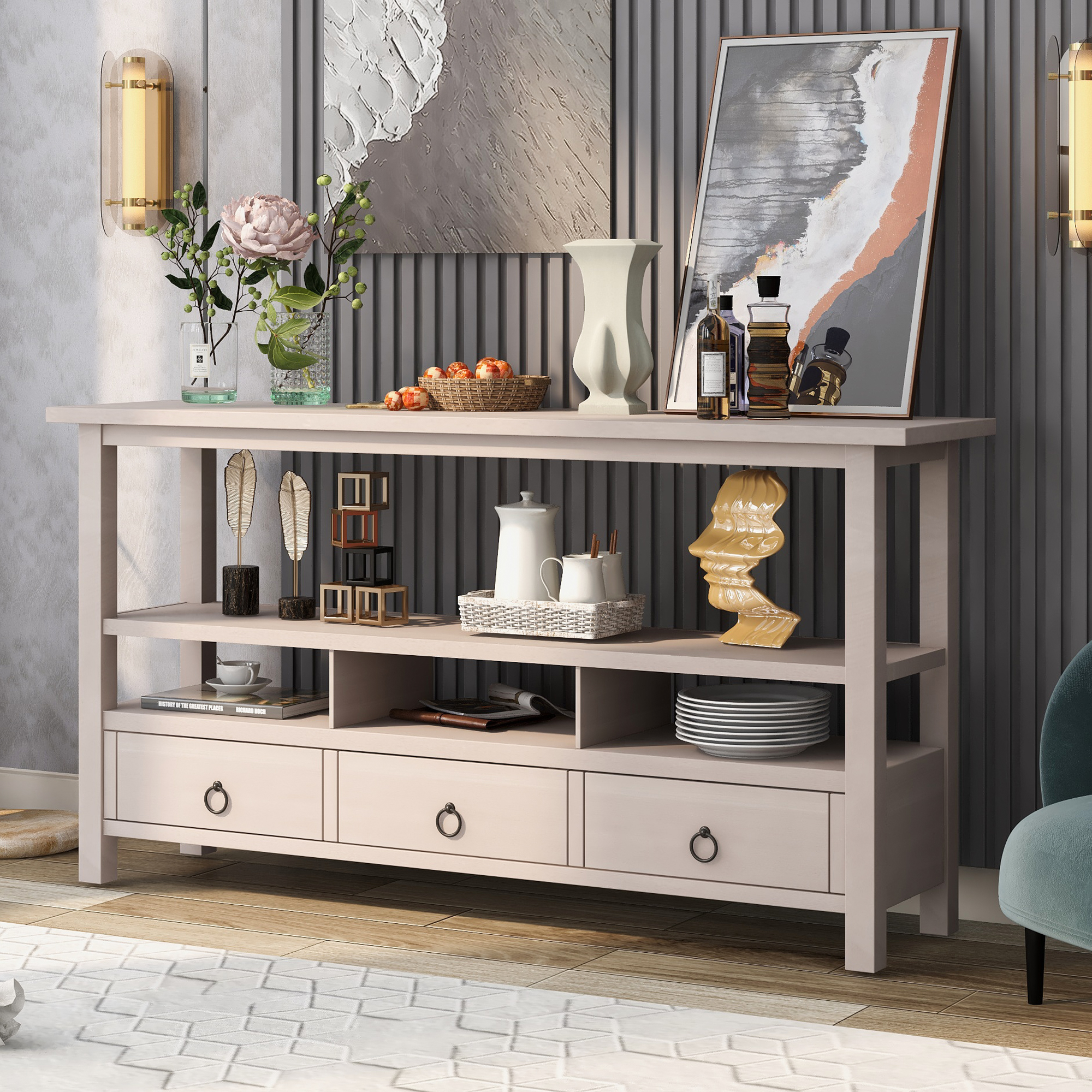 Rustic Solid Console Table Double-Storey Tabletop with Three Drawers  for Living Room (Gray Wash)-Boyel Living