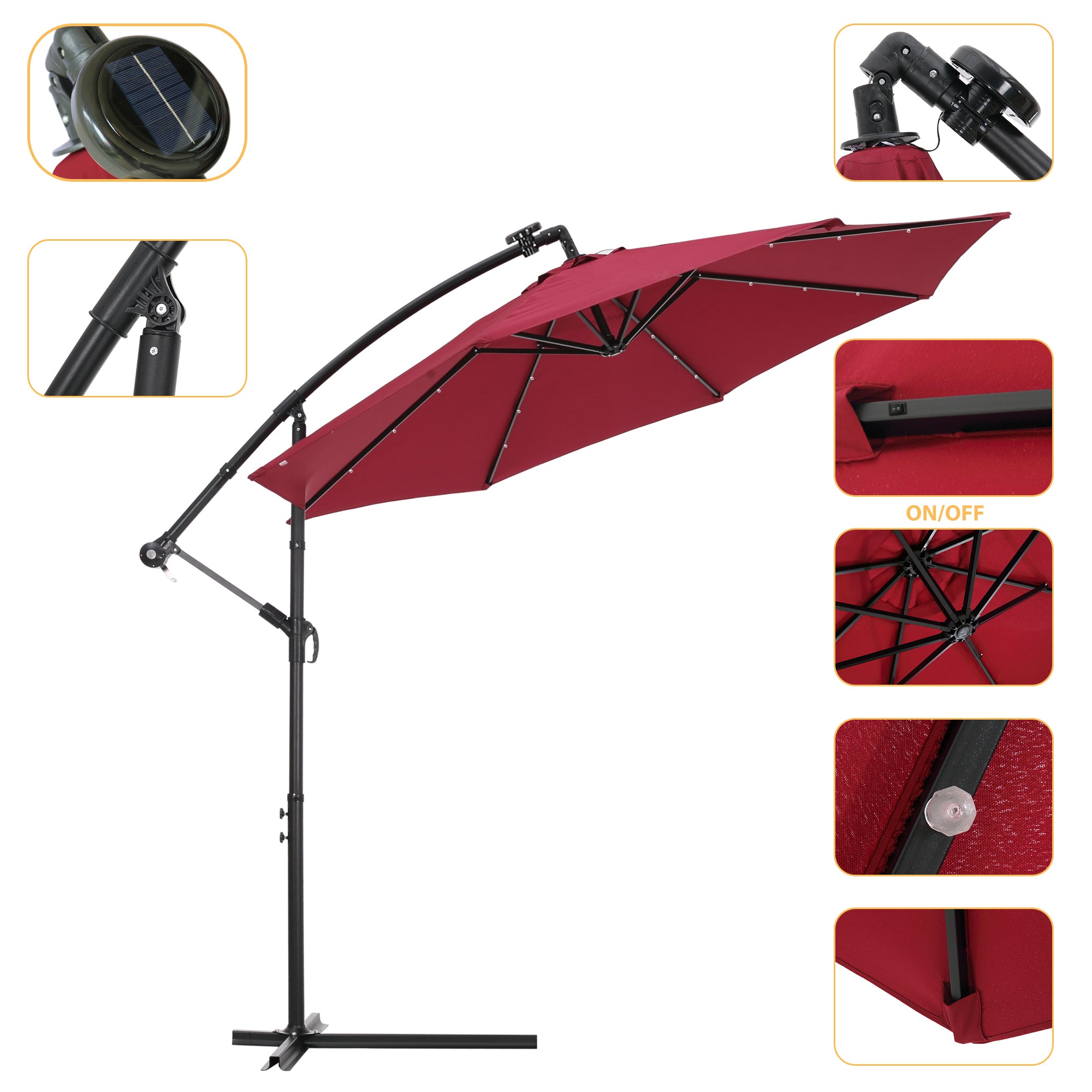 10 FT Solar LED Patio Outdoor Umbrella Hanging Cantilever Umbrella Offset Umbrella Easy Open Adustment with 24 LED Lights - Burgundy-Boyel Living