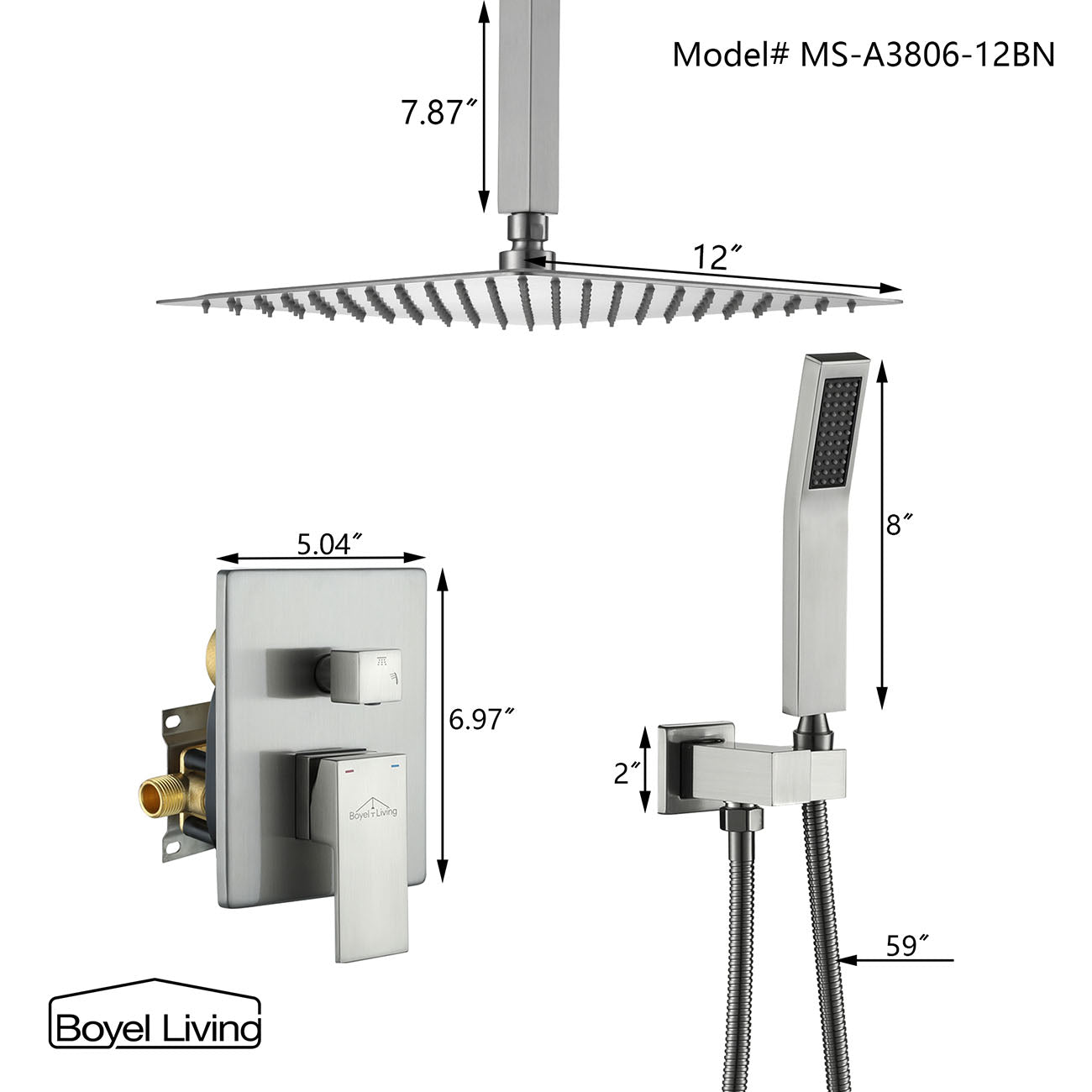  Shower System with 12 in. Ceiling Mounted Square Rainfall Shower head and Handheld Shower Head, Brushed Nickel-Boyel Living