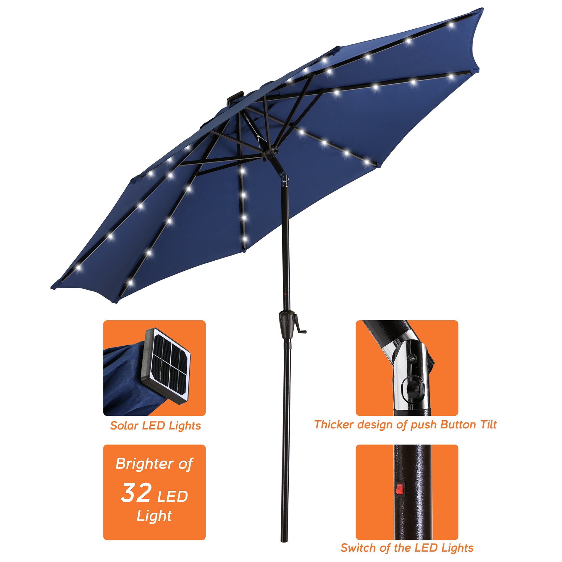 9Ft Patio Cast Aluminum Umbrella with 32 LED Solar Lights-Boyel Living