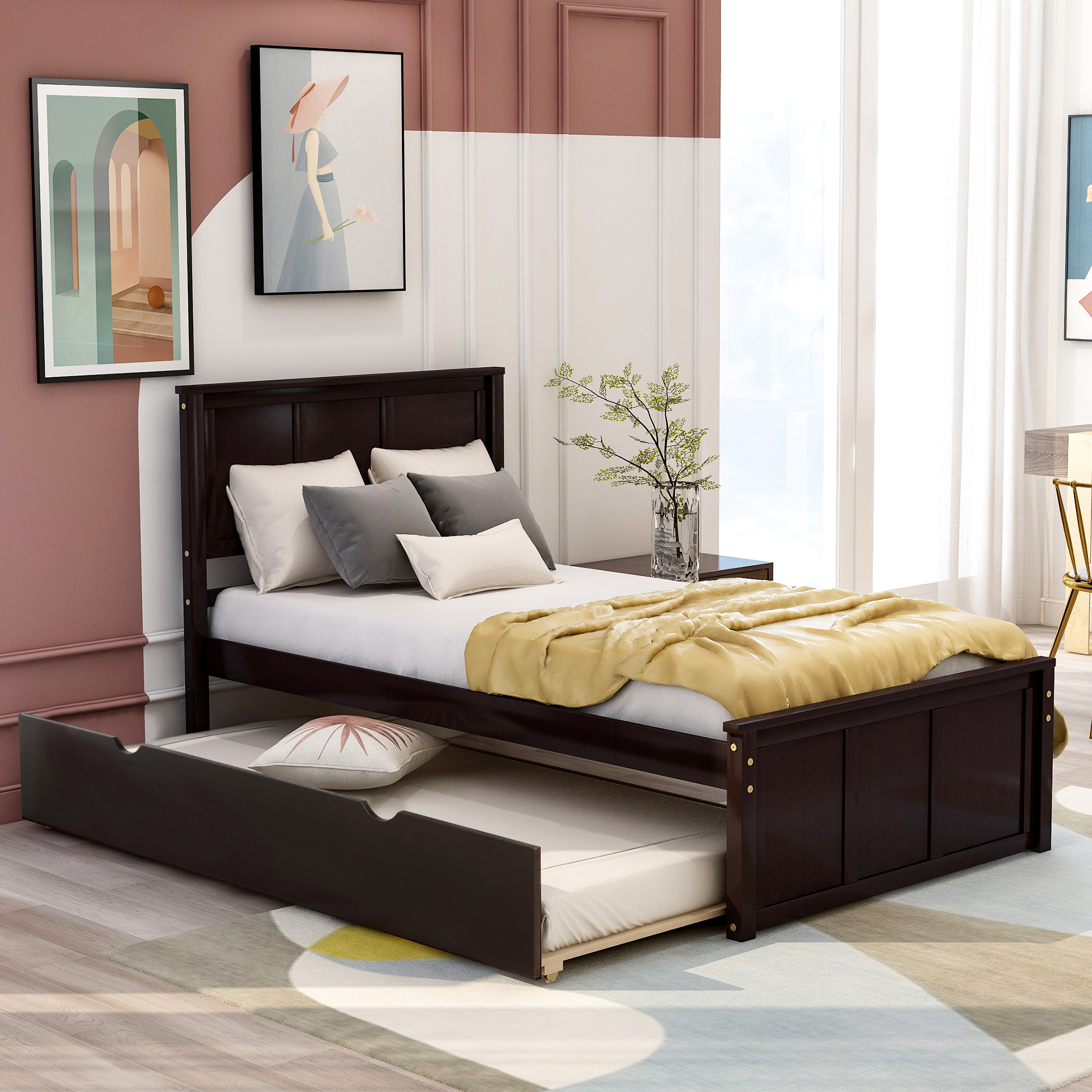 Platform Bed with Twin Size Trundle, Twin Size Frame, Espresso (New SKU:WF283063AAP)-Boyel Living
