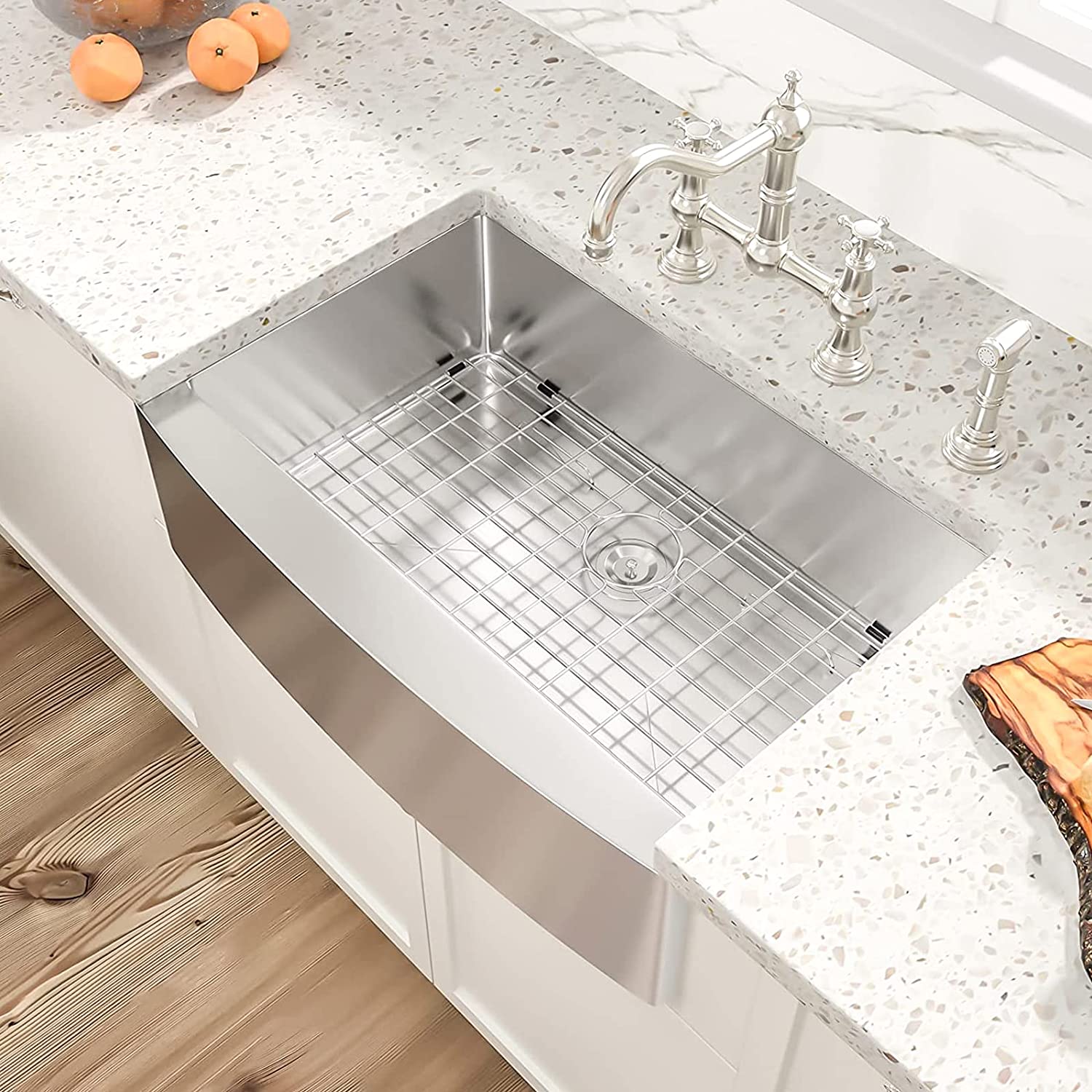 Brushed Nickel 16 gauge Stainless Steel 33 in. Single Bowl Farmhouse Apron Kitchen Sink with Bottom Grid and Basket Strainer 