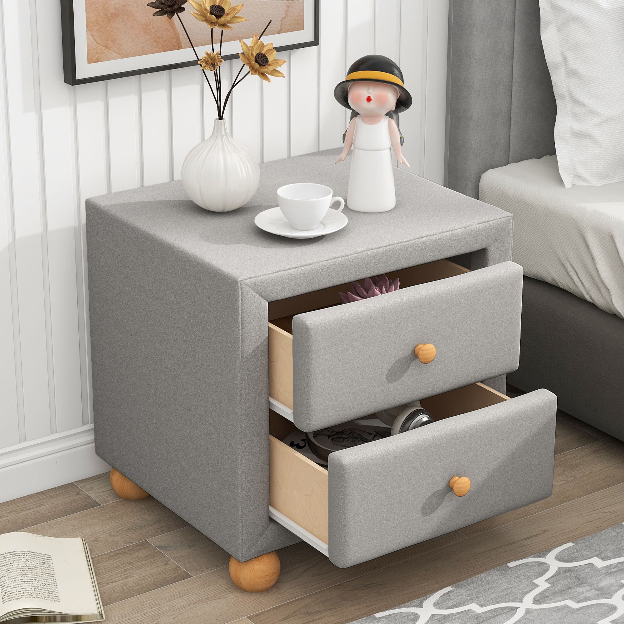 Modern Upholstered Storage Nightstand with 2 Drawers,Natural Wood Knobs,Light Gray-Boyel Living