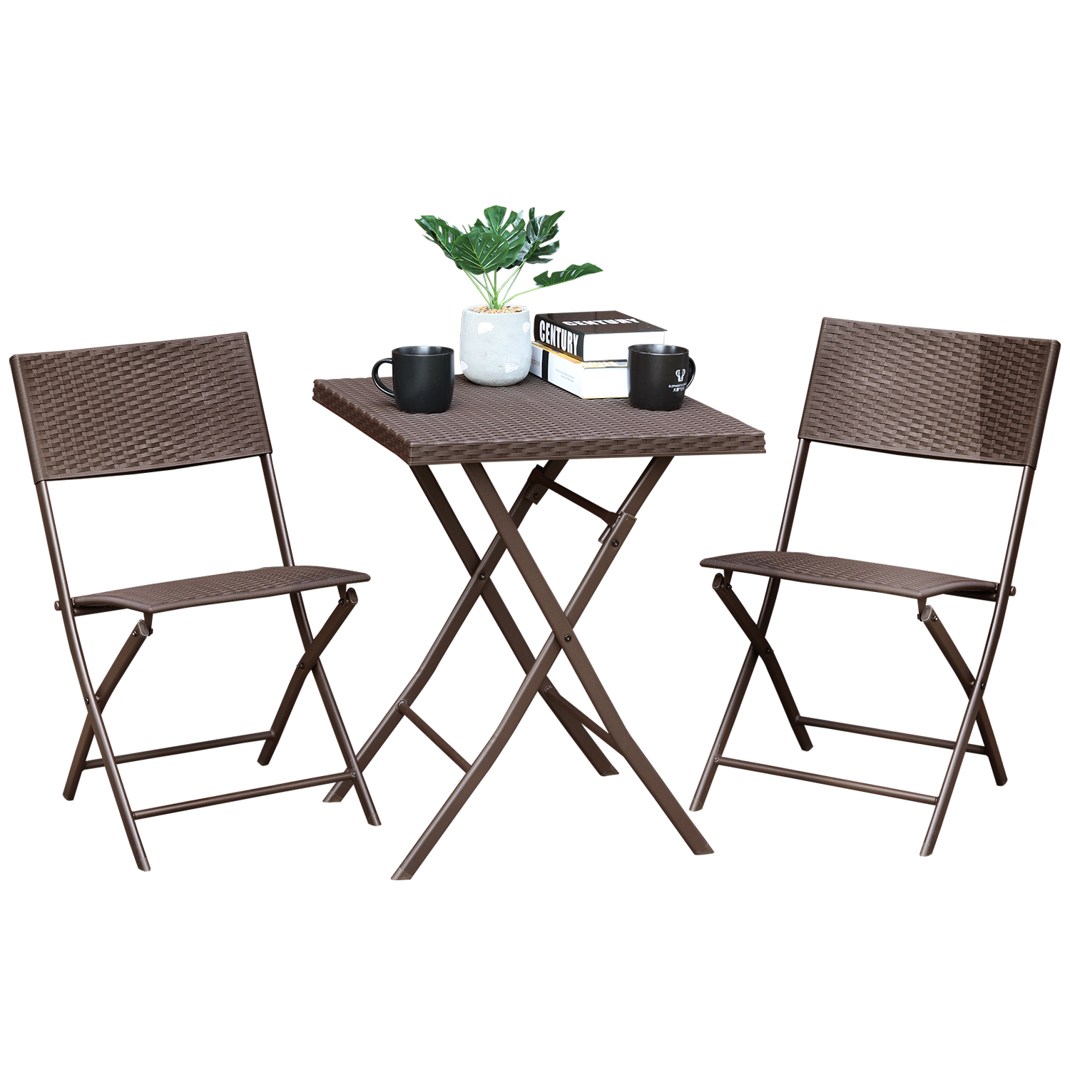 3 piece Wicker Bistro Set, Foldable One Table and Two Chairs for Garden, Yard, Porch, Poolside-Boyel Living