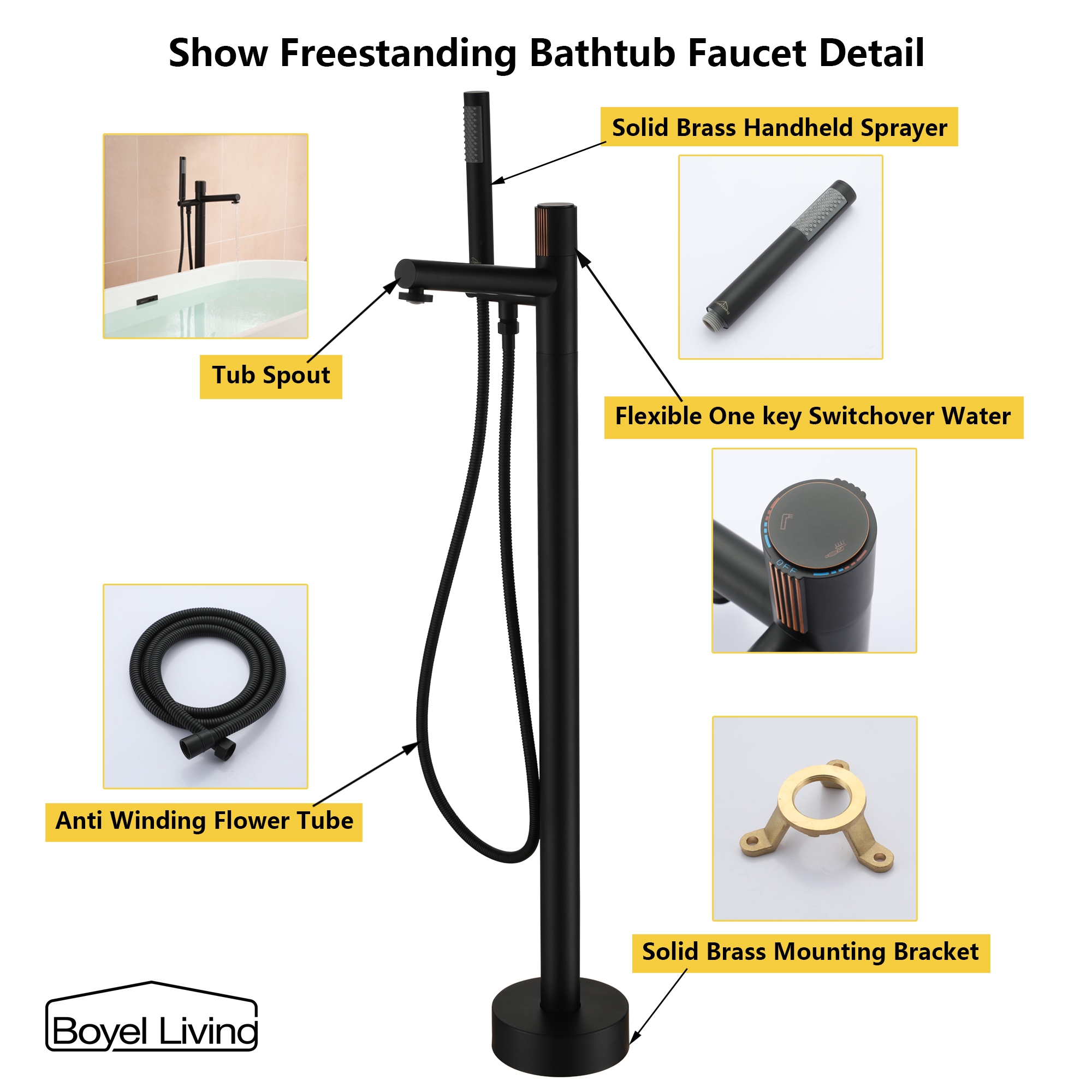 Boyel Living Floor Mounted Freestanding Tub Faucet with Handheld Shower in Matte Black-Boyel Living