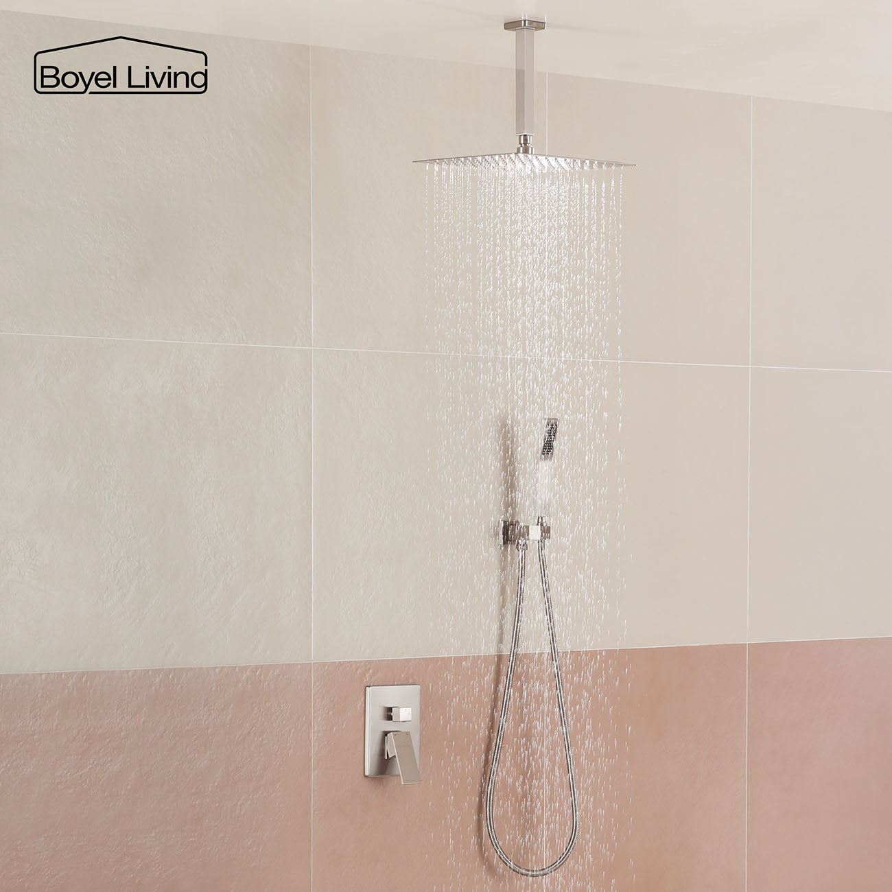  Shower System with 12 in. Ceiling Mounted Square Rainfall Shower head and Handheld Shower Head, Brushed Nickel-Boyel Living