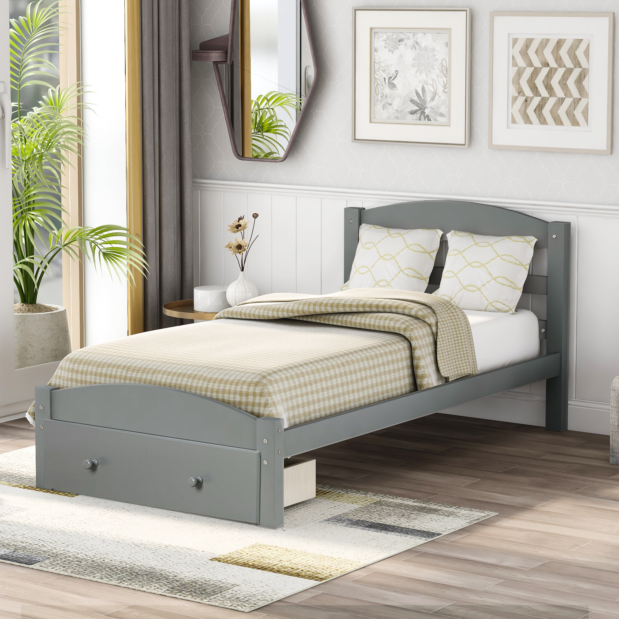 Platform Twin Bed Frame with Storage Drawer and Wood Slat Support No Box Spring Needed, Gray-Boyel Living